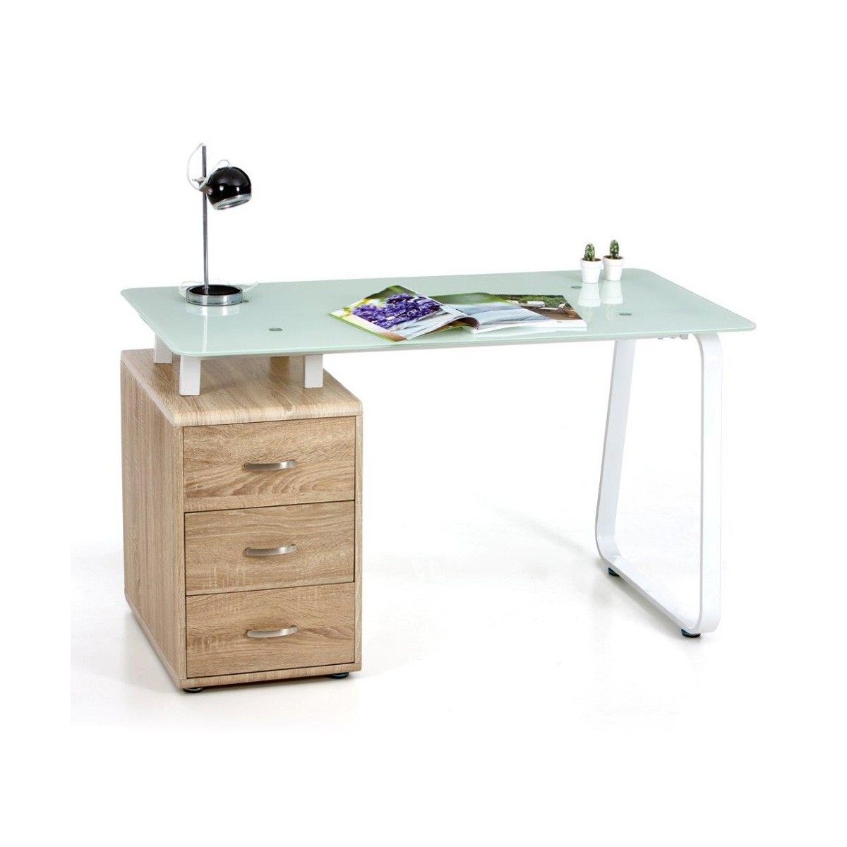 Scrivania in Vetro Tavolo Rovere con Cassettiera da Ufficio