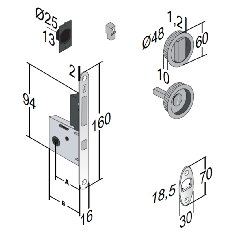 Serrure porte coulissante à crochet - Axe 50mm - Rosaces rondes condamnation + tire-doigts + gache à condamnation - Bonaiti - 3