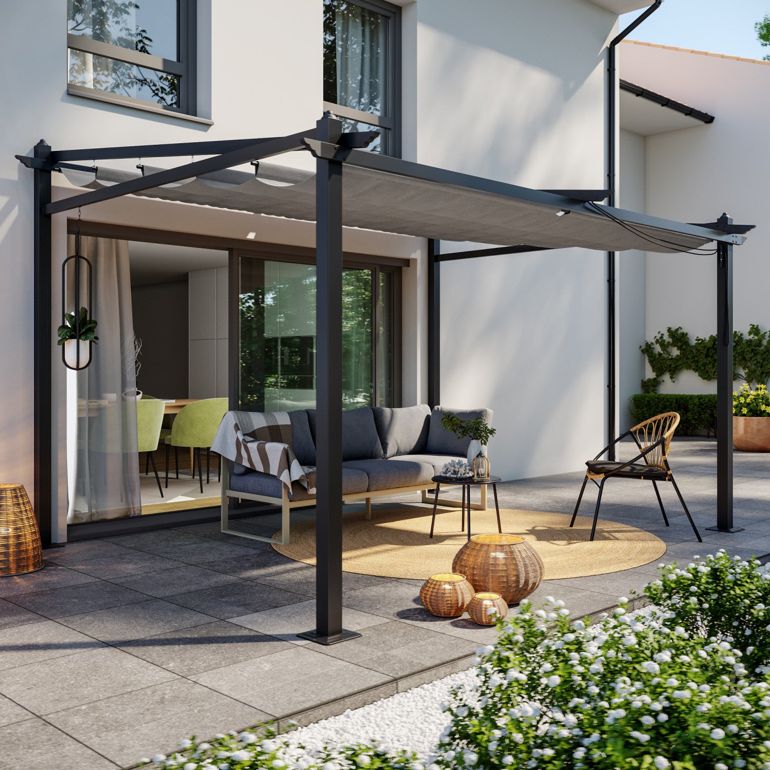 Pergola Murale Nice - Structure Acier Anthracite, Toile Polyester 180g/m² Beige, 3x2,5m - 7