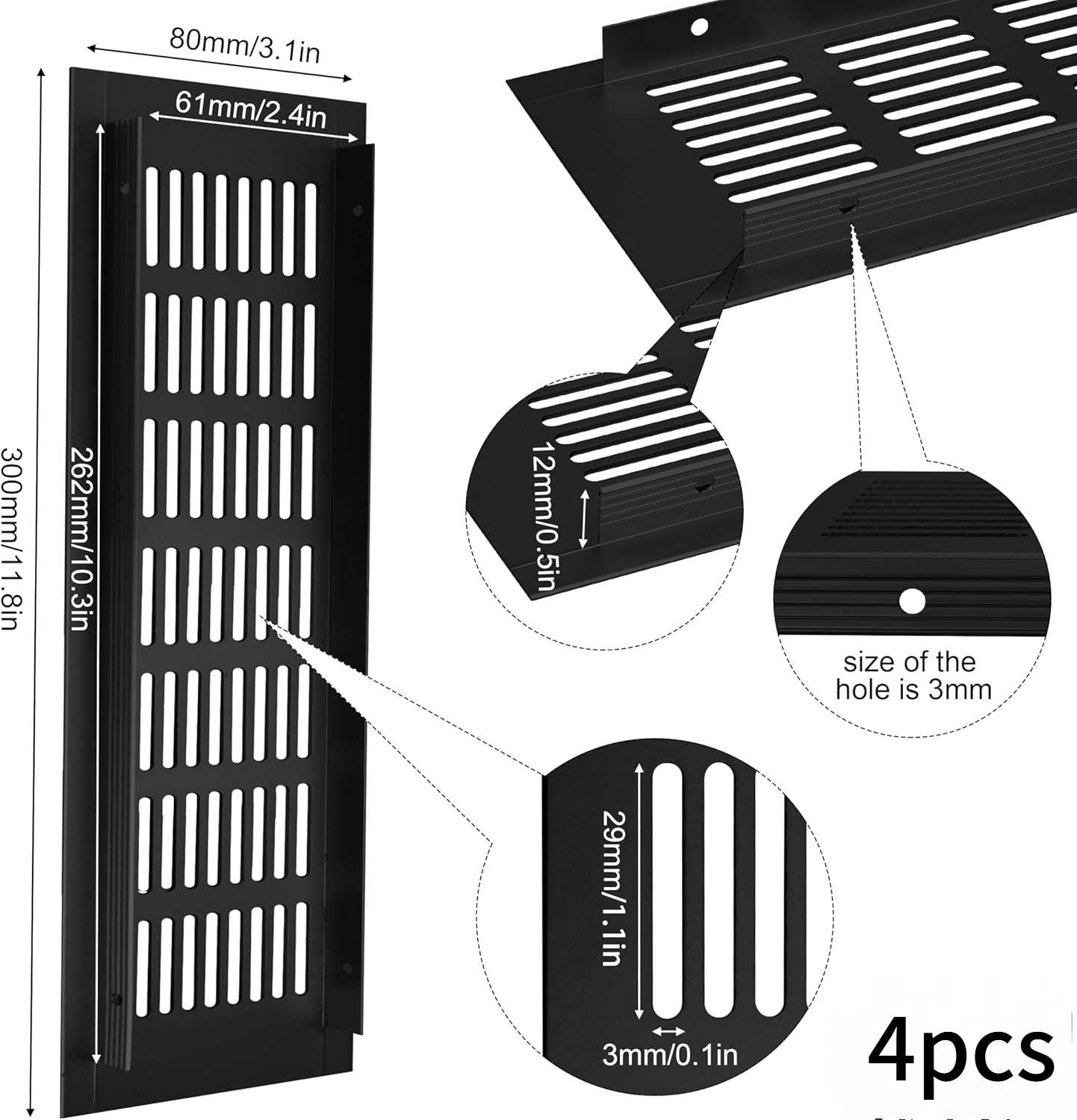 Kratka wentylacyjna, aluminiowa do wentylacji szaf i pomieszczeń, 30x8cm, czarna, 4 sztuki - 4
