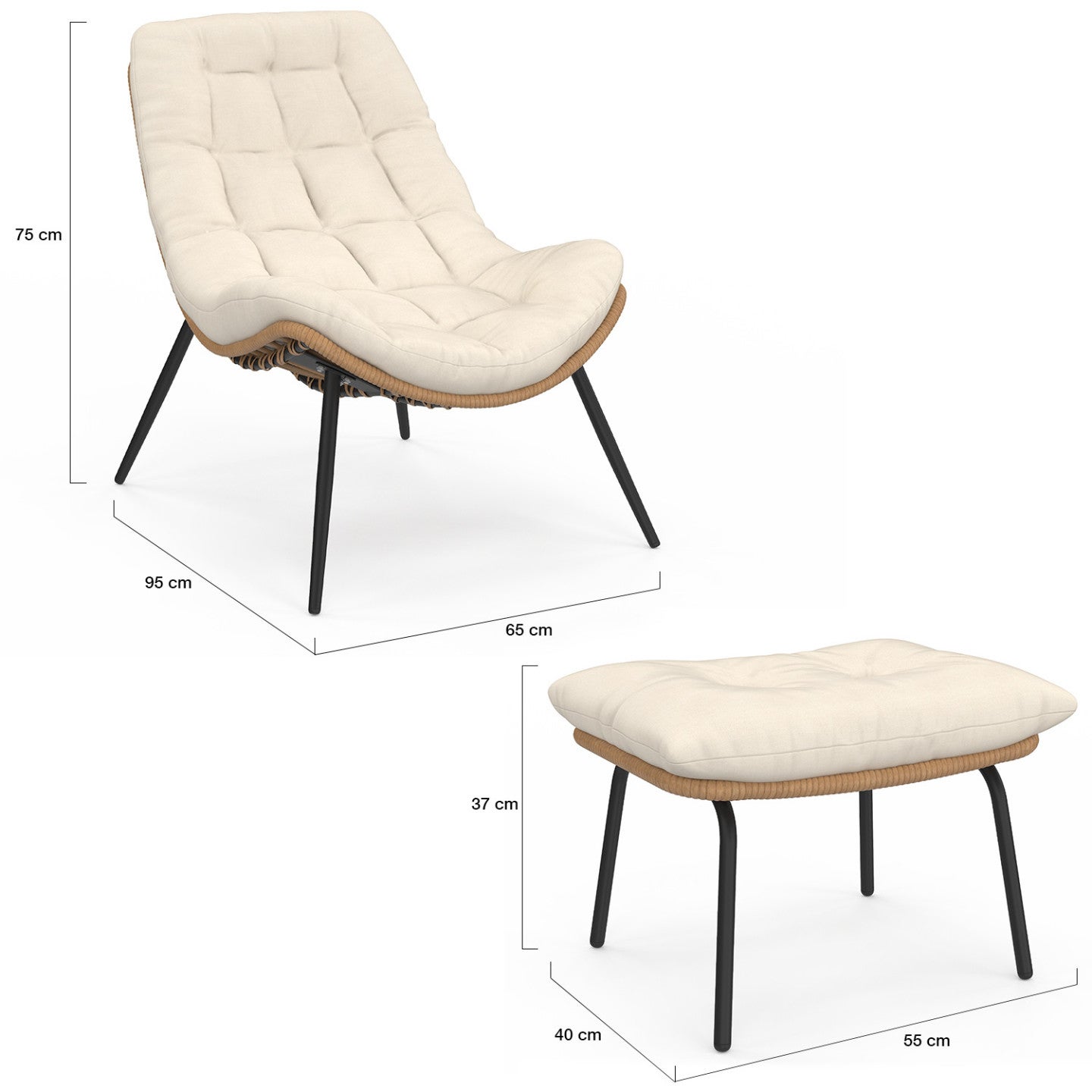 Lot de 2 fauteuils de jardin relax LOA effet rotin avec coussins écrus et repose-pieds - 5