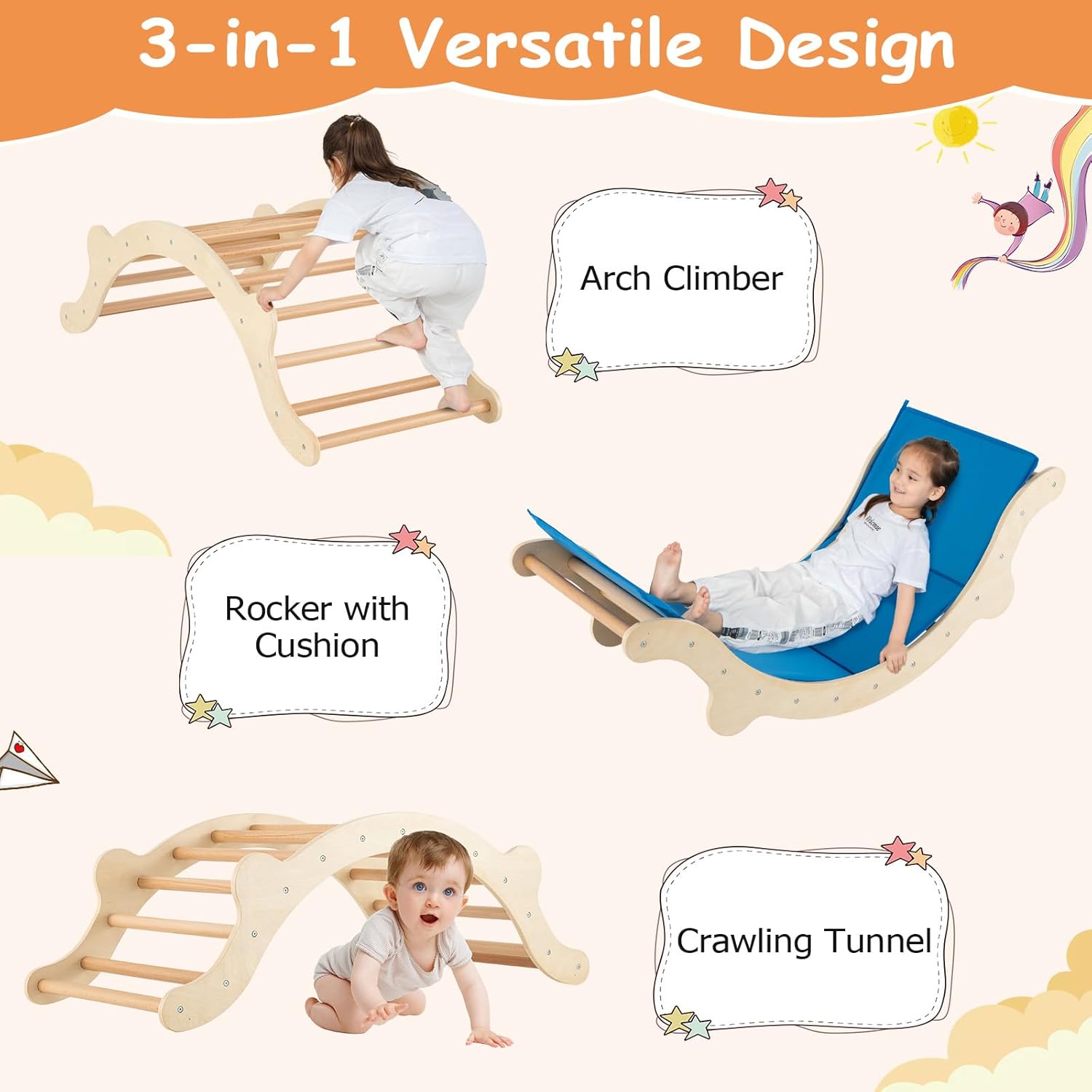 4 en 1 Arche d’Escalade Montessori Enfant Bois avec Toboggan Ajustable en Bois, avec Coussin Charge 60KG pour Bébé 1 an+ (Naturel Plus) - 3