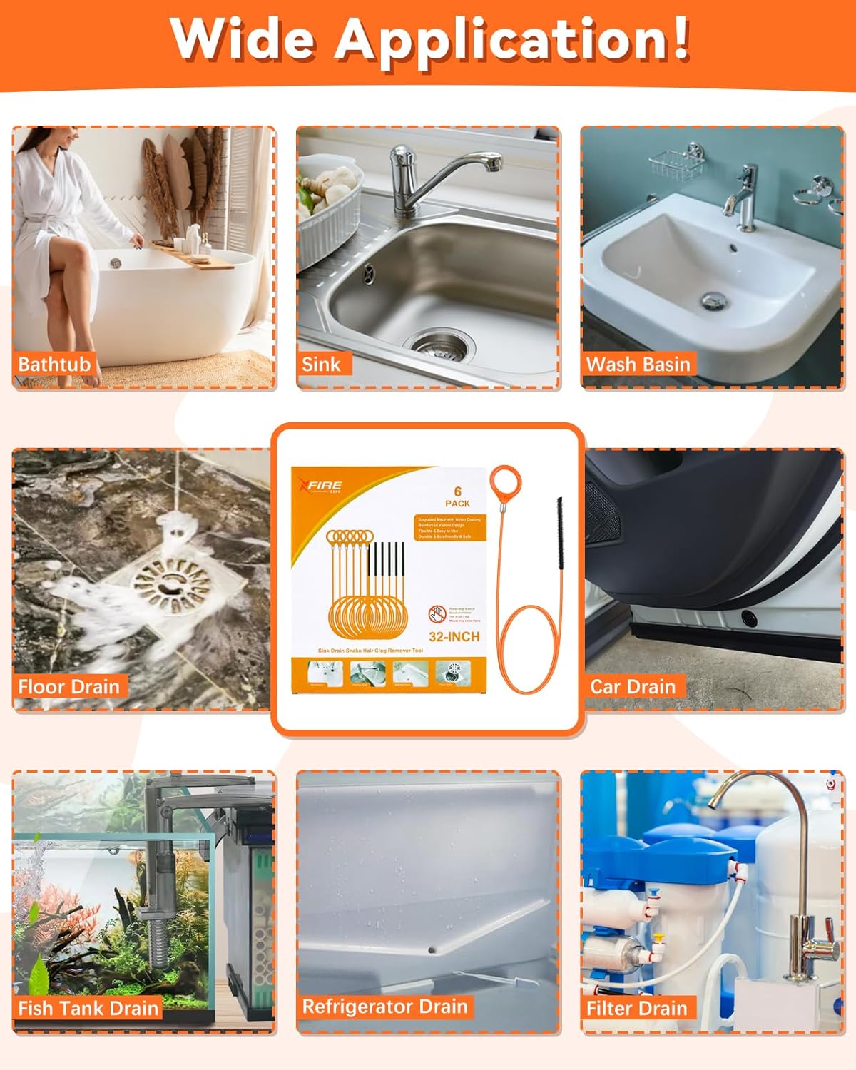 Set di 3 punte per la pulizia degli scarichi, 81 cm - Rivestimento in nylon antirottura, rimuove i capelli da doccia/vasca/lavandino - 6