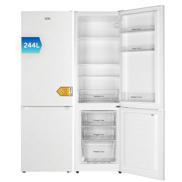 Frigorífico Combi VOK de 244L - 180 cm, Clase E, Cajón Fresh, Luz LED, Puertas Reversibles, Estanterias de Cristal Reforzado, Blanco, EVR-244DEW