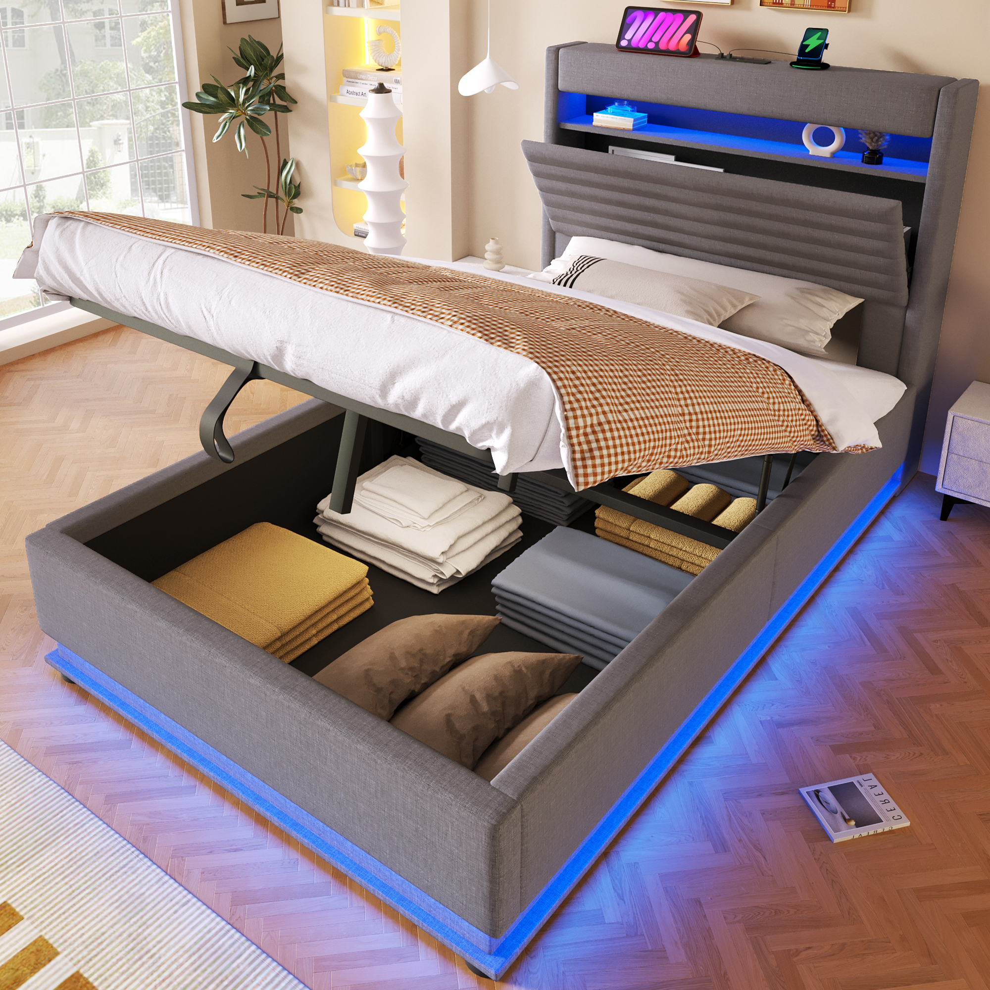 Łóżko 90 x 200 cm ze składanym zagłówkiem i portami USB/Type-C – tkanina lniana – diody LED – szare (materac nie jest wliczony w cenę)