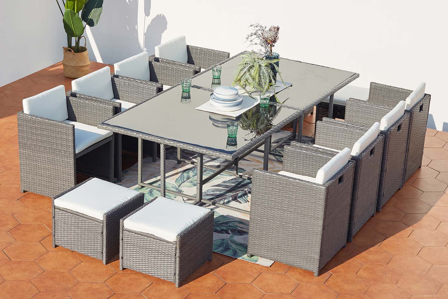 Miami salón de jardín encastrable 12 personas de resina trenzada gris/blanco