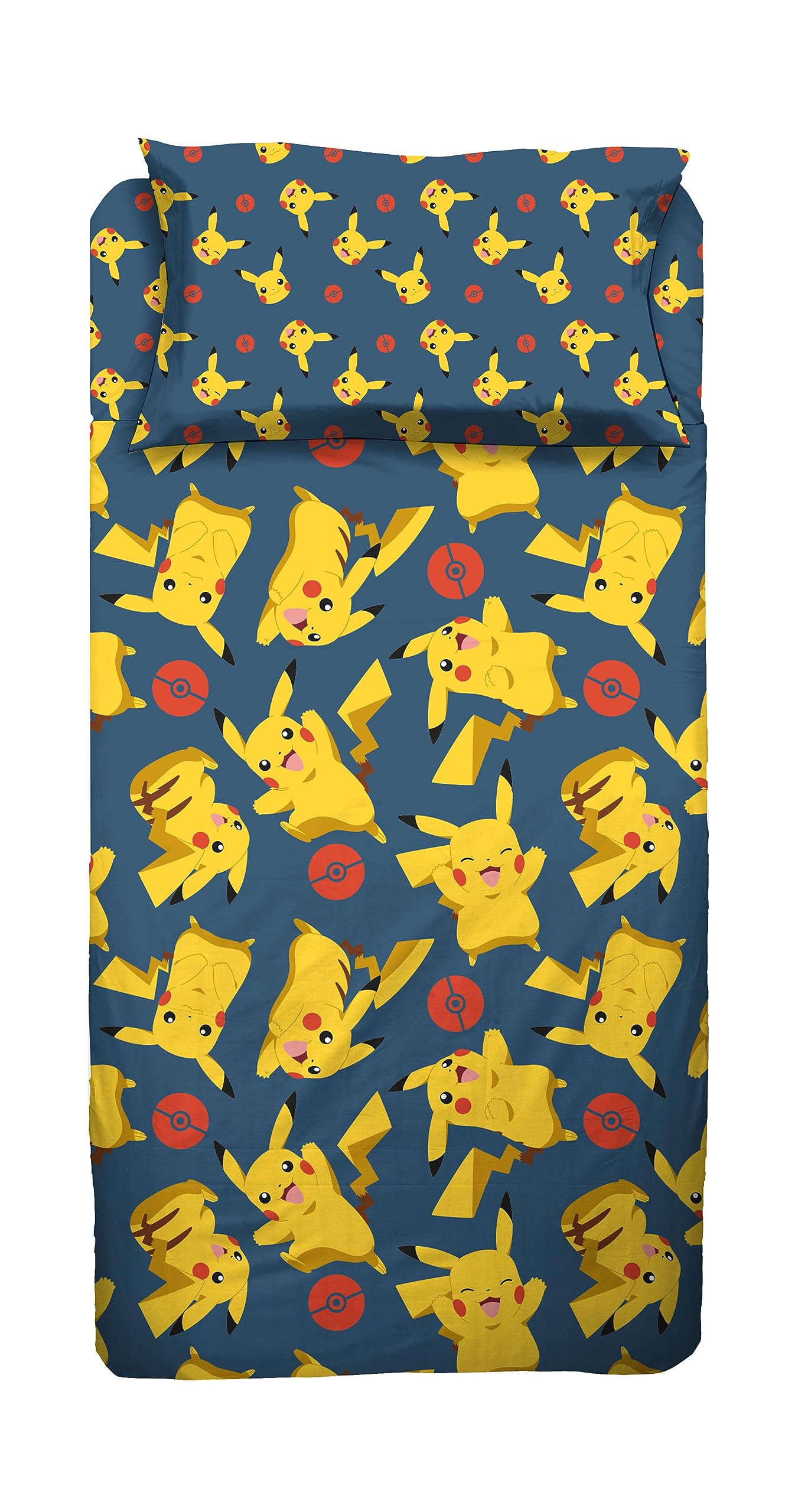 Pokemon, set lenzuolo singolo cameretta, una piazza, completo letto, lenzuolo sopra, lenzuolo sotto con angoli, federa, 100% cotone, prodotto ufficial