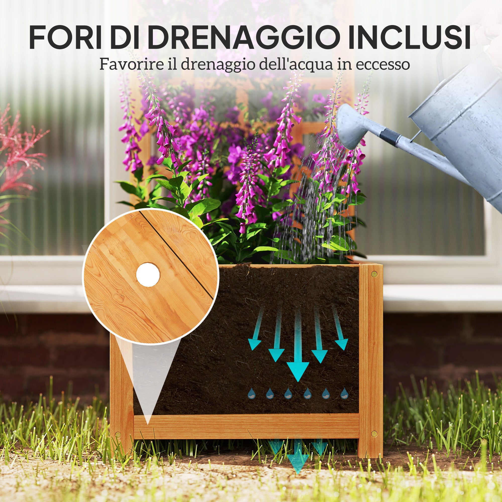 Outsunny Fioriera con Traliccio per Rampicanti con Foro di Drenaggio e Fodera, in Legno, 40x40x120 cm, Marrone - 7