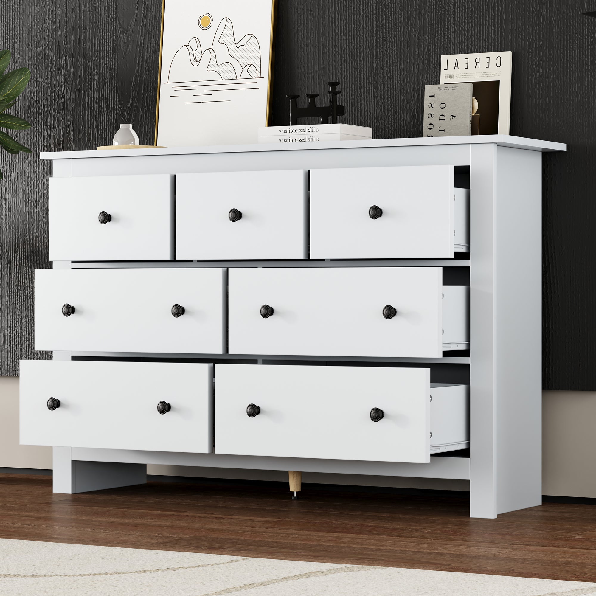 Nowoczesna komoda z 7 szufladami - 152 x 40 x 89 cm - Płyta wiórowa - do jadalni - Biała - 2