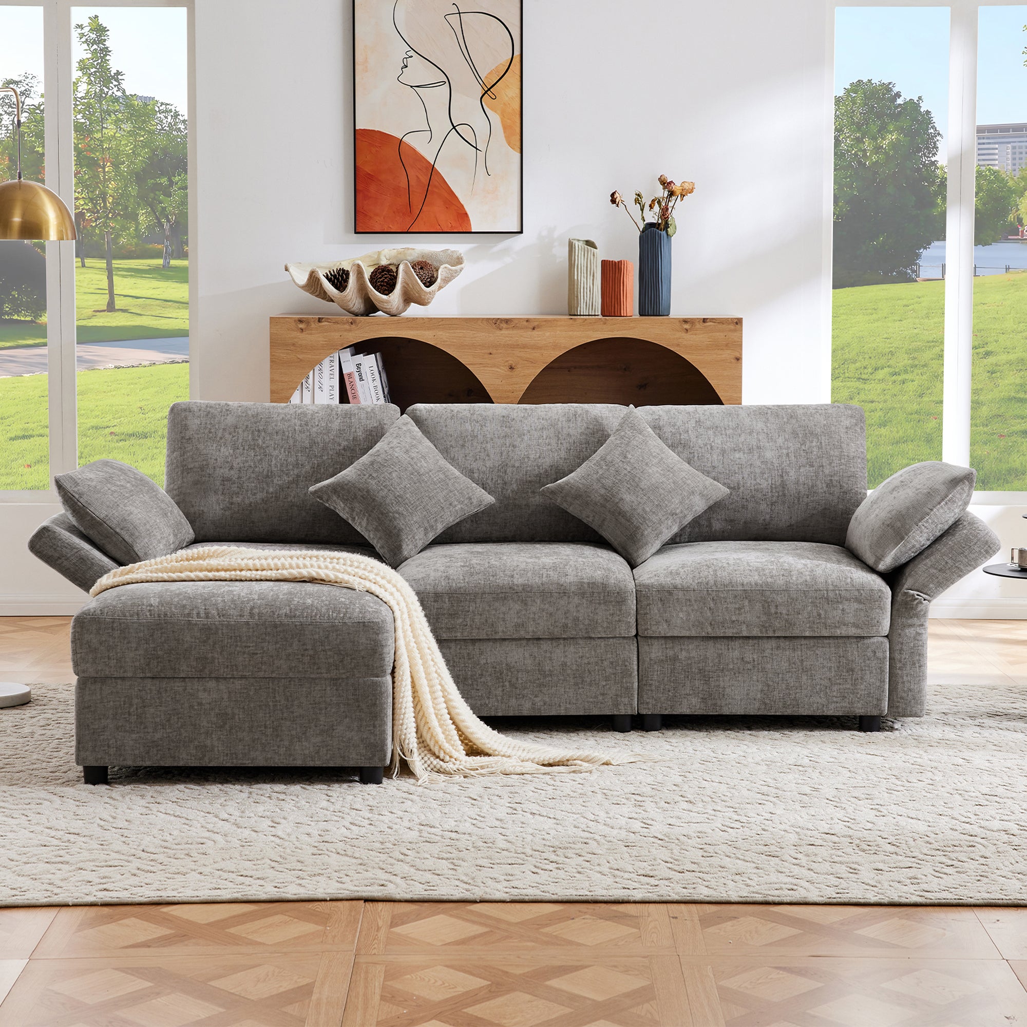 Narożna sofa w kształcie litery L - 3-osobowa - z podnóżkiem - 4 poduszki - regulowane podłokietniki - szara - 5