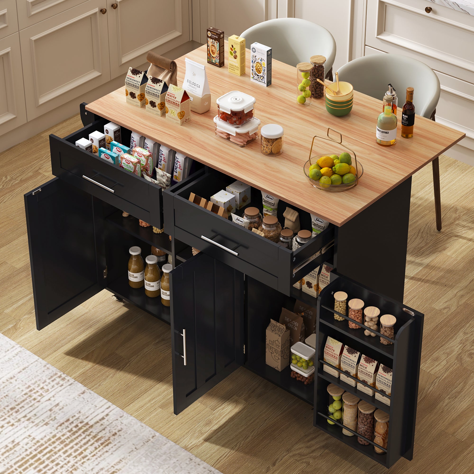 Mobilna wyspa kuchenna z 3 drzwiami i 2 szufladami - 129 x 46/71 x 91,5 cm - MDF - Wysuwany blat - Czarny