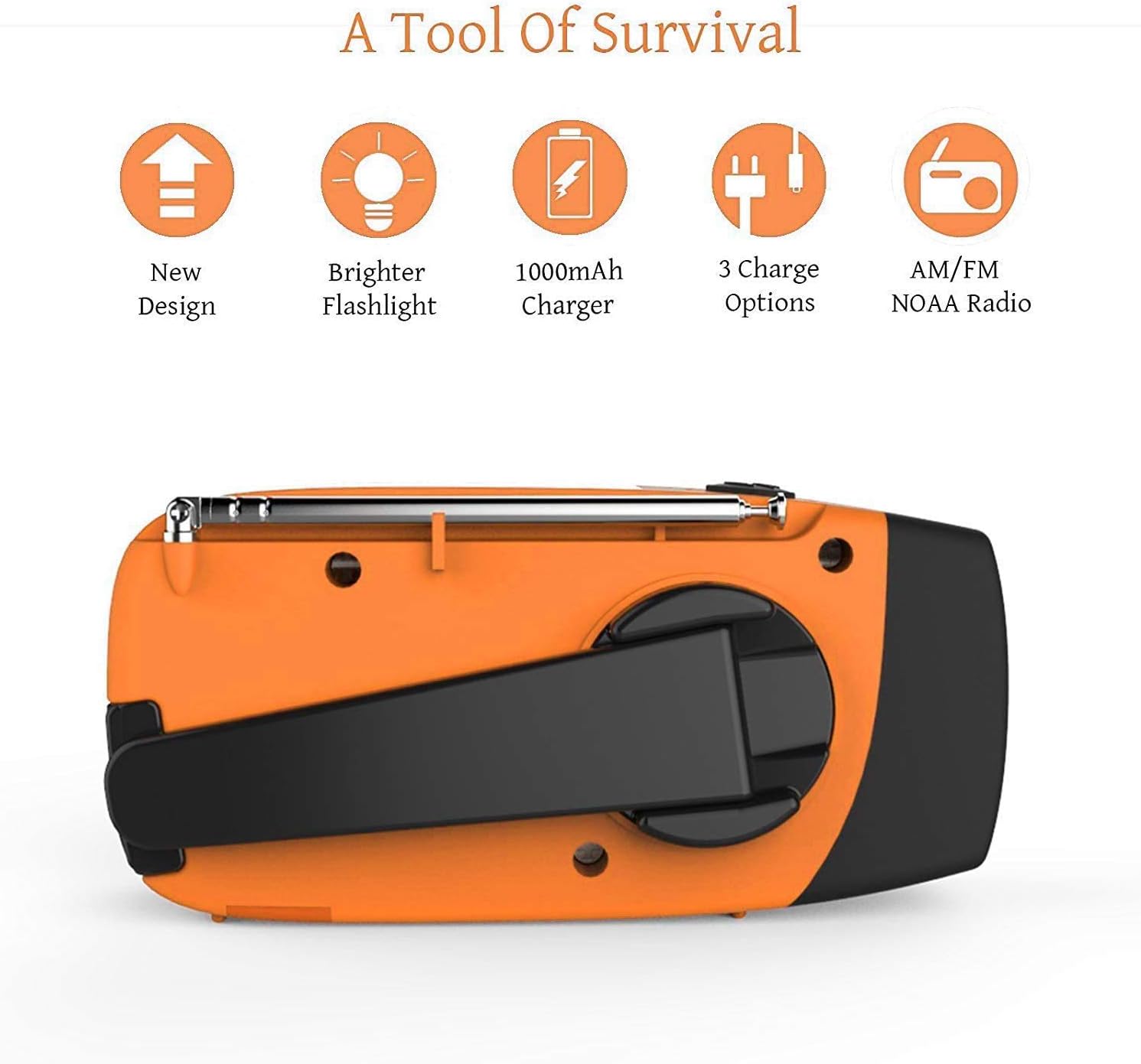 Radio à manivelle d'urgence avec lampe de poche LED, radio portable AM/FM NOAA avec batterie externe 2000 mAh, orange - 7