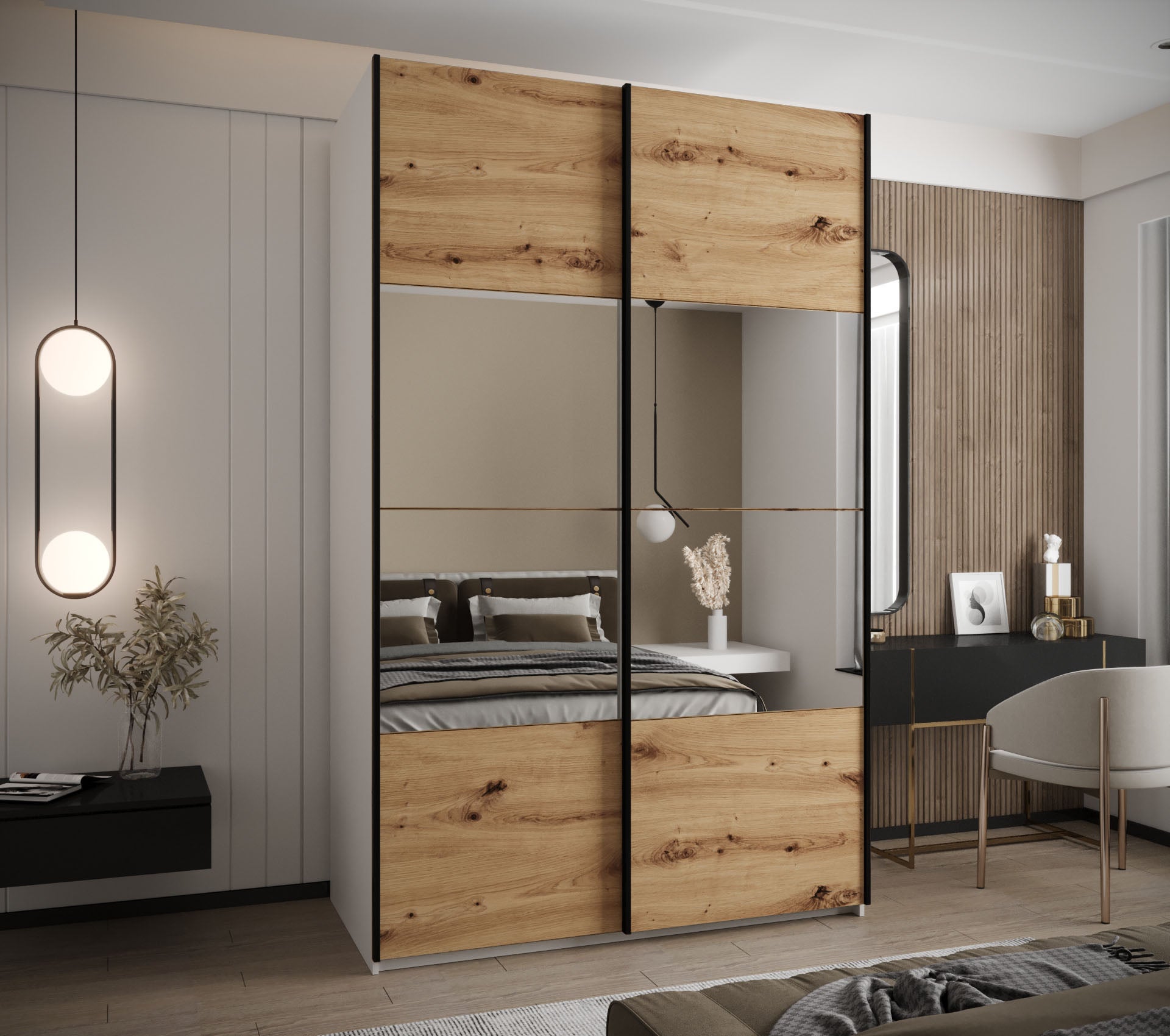 Szafa przesuwna wysoka Lux 4 160 x 64 x 245,5 cm biały + artisan + u. czarny - Abiks Meble - 2