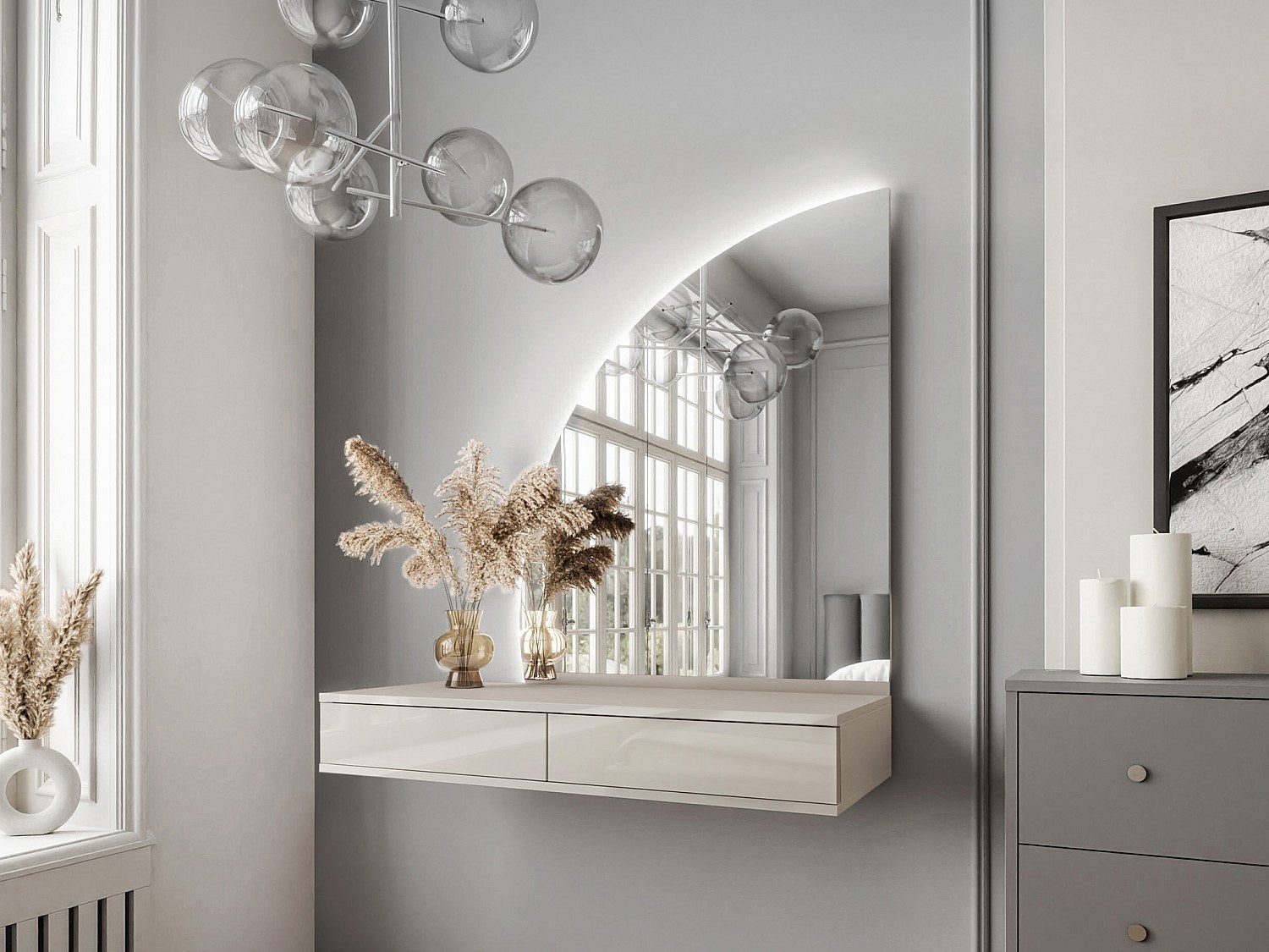 Coiffeuse suspendue avec miroir à LEDs - 2 tiroirs - Beige - JINEZA ...