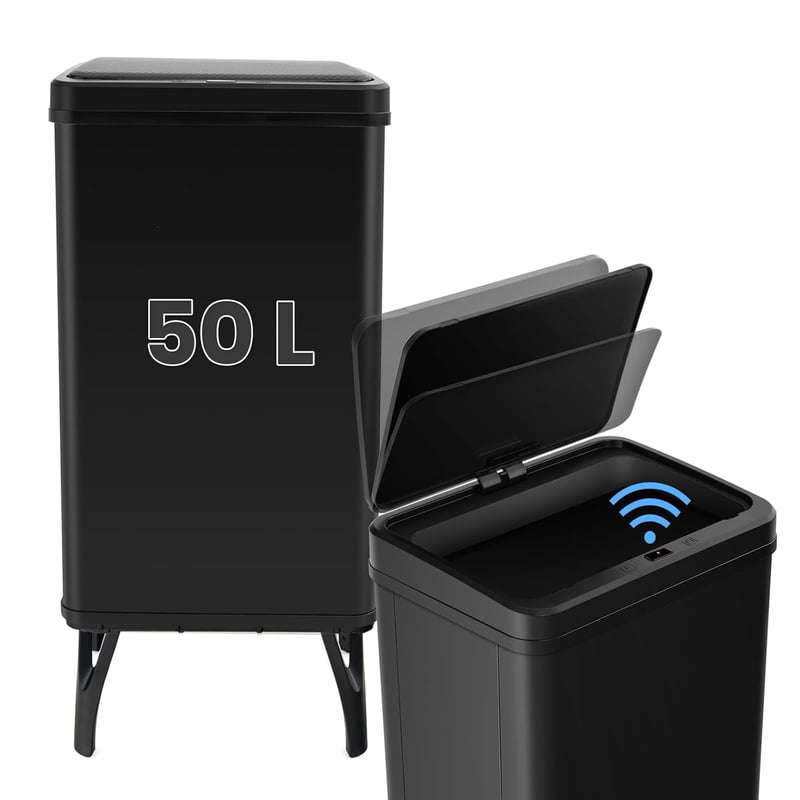 Kosz na śmieci ze stali nierdzewnej 50 l, z czujnikiem, z automatyczną pokrywą i zdejmowanymi nogami, do kuchni, biura (czarny)
