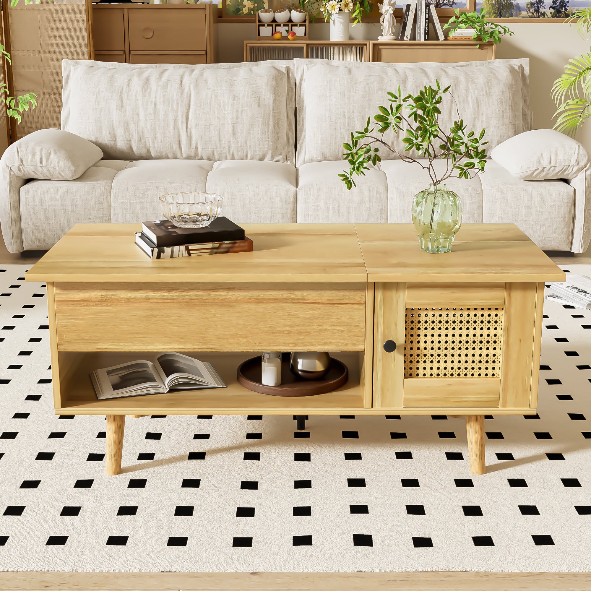 Table basse 103x50x46 cm - avec plateau relevable - avec 2 portes en rotin - naturel - 2