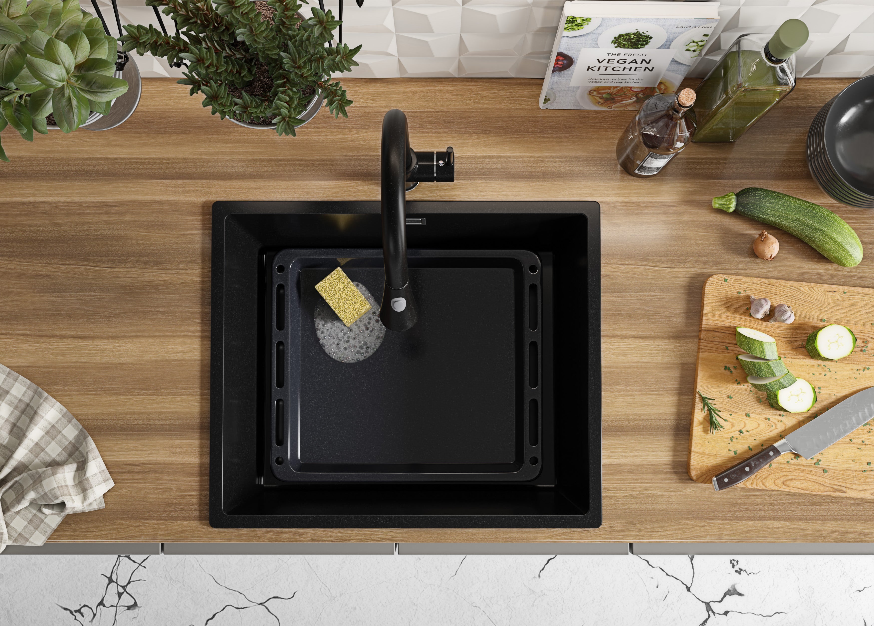 Lavello da Cucina Nero 56x47cm, Lavandino in Granito a 1 vasca + Sifone Classico, Lavabo da Cucina Incasso al mobile 60cm - London Slim PRIMAGRAN - 3