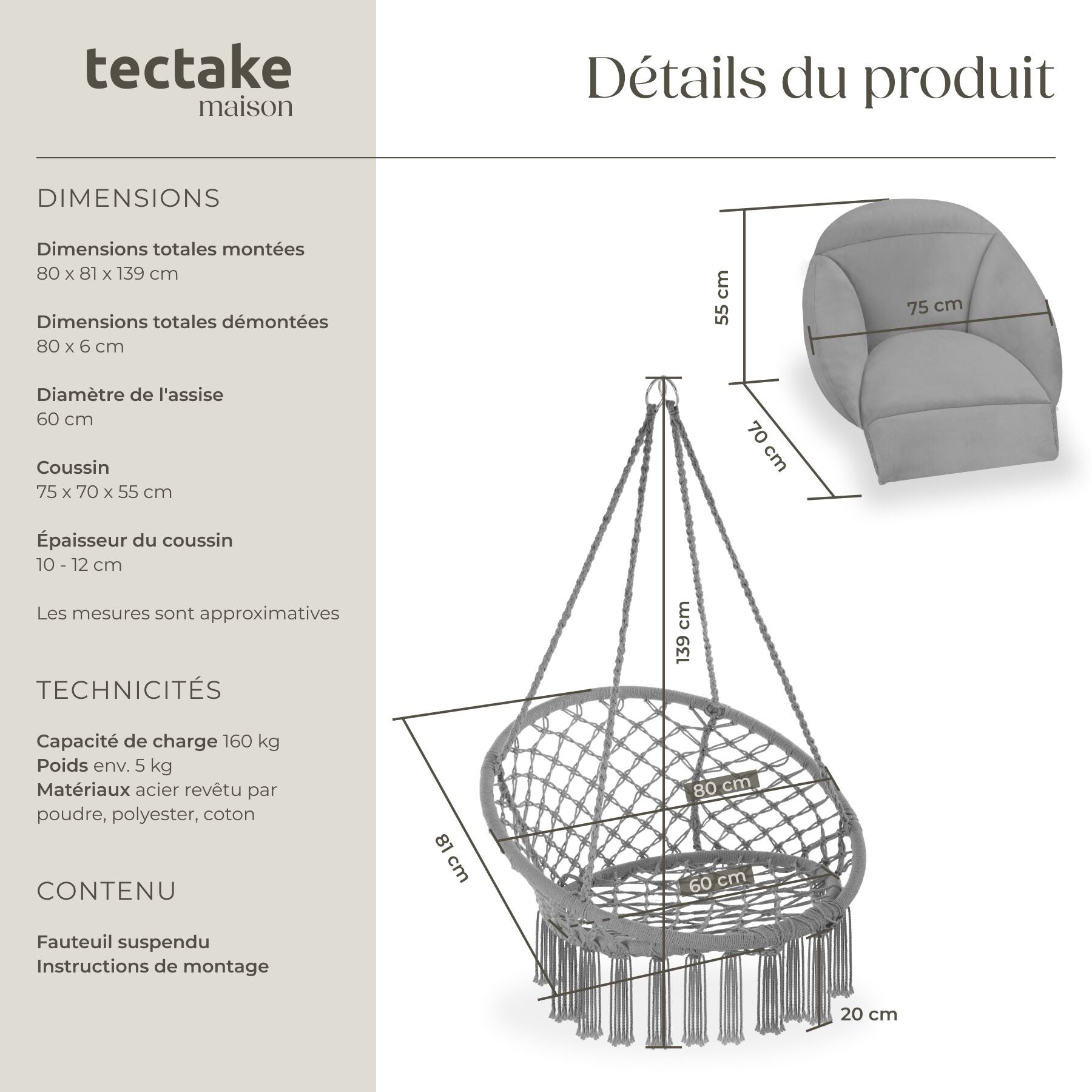 TECTAKE Cadeira suspensa Com almofada grossa - 6