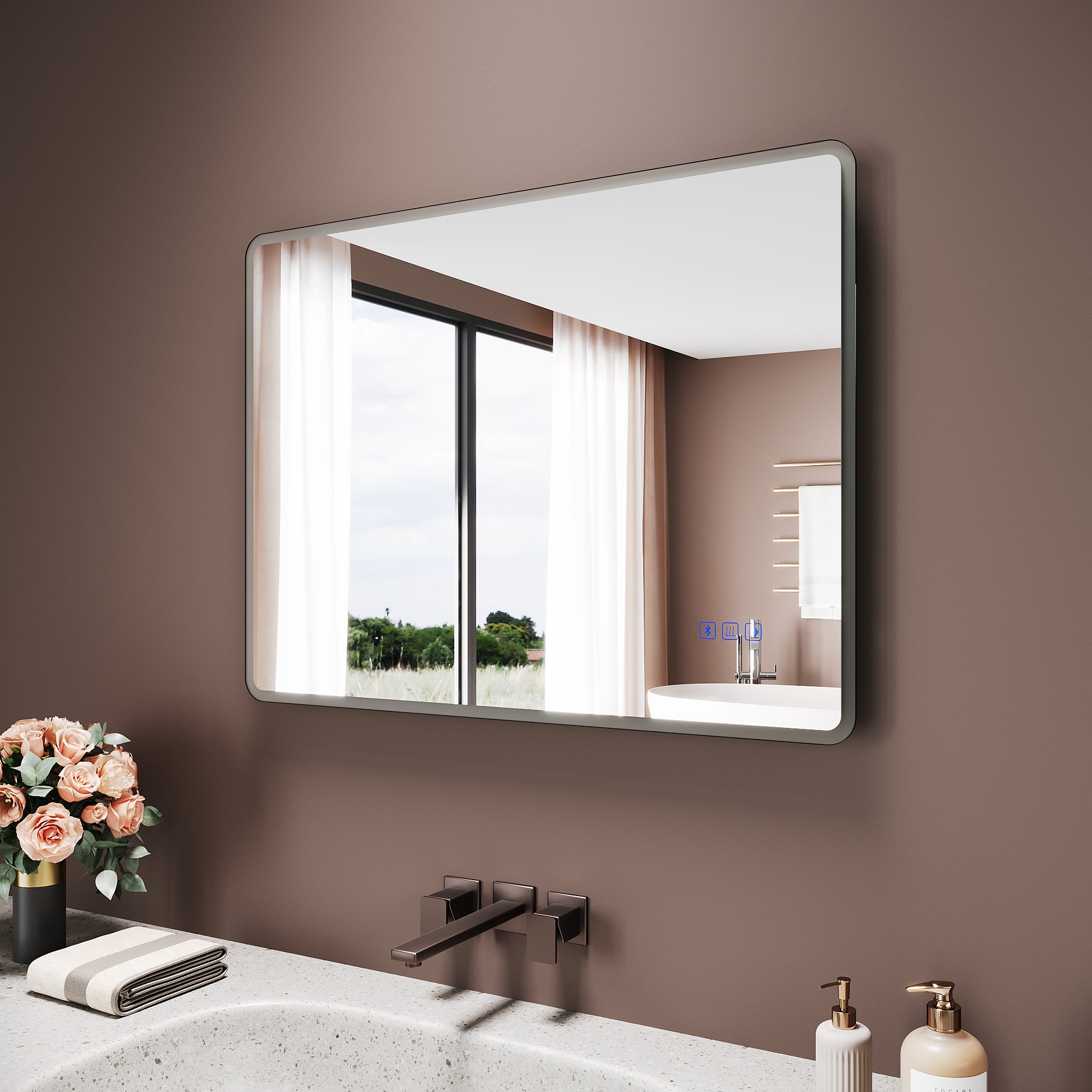 SIRHONA Miroir de Salle de Bain 70x50cm, Bluetooth,&nbsp;Anti-Buée Centrale, Lumière Bleue/Violette/Blanche, Prise Intégrée, Cadre Aluminium - 2