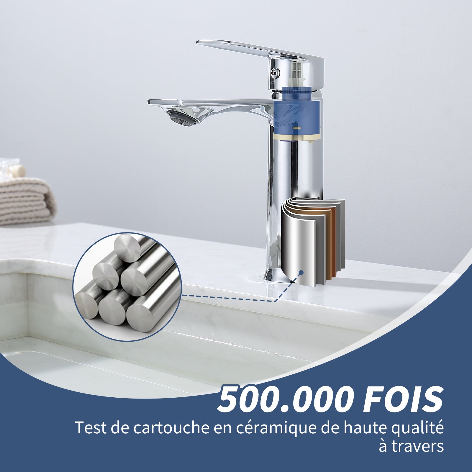 Mitigeur de Lavabo Chromé en Laiton avec Levier Unique, Robinet Salle de Bain Eau Chaude et Froide pour Lave-Mains - 5