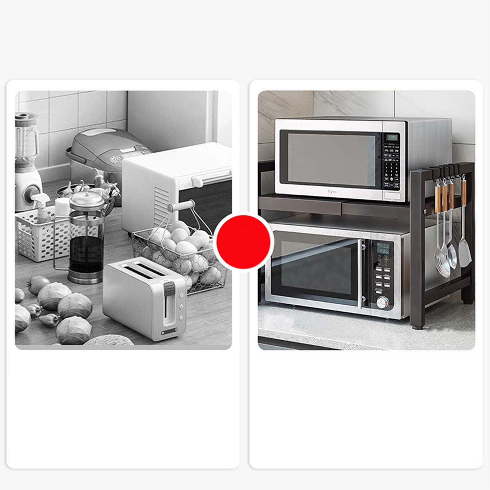 Étagère de Cuisine 2 Niveaux Structure Noireavec 6 crochets – Rangement Micro-ondes et Appareils Multifonction Renforcé - 40-64 cm - 9