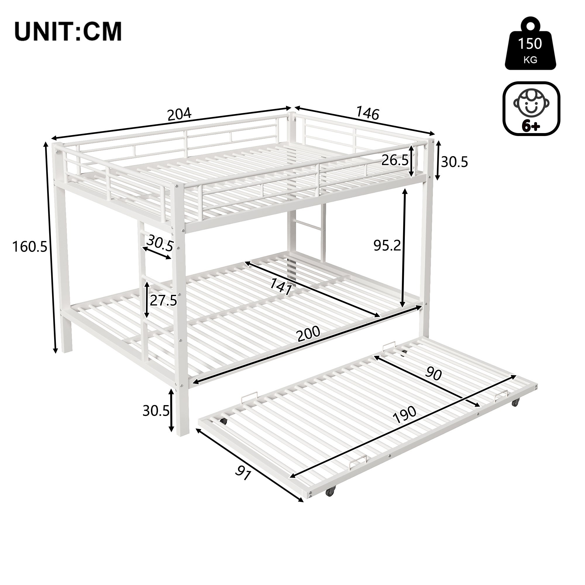 Lits superposés 2 x 140 x 200 cm avec lit gigogne 90 x 190 cm - Cadre en métal - Blanc (sans matelas) - 9