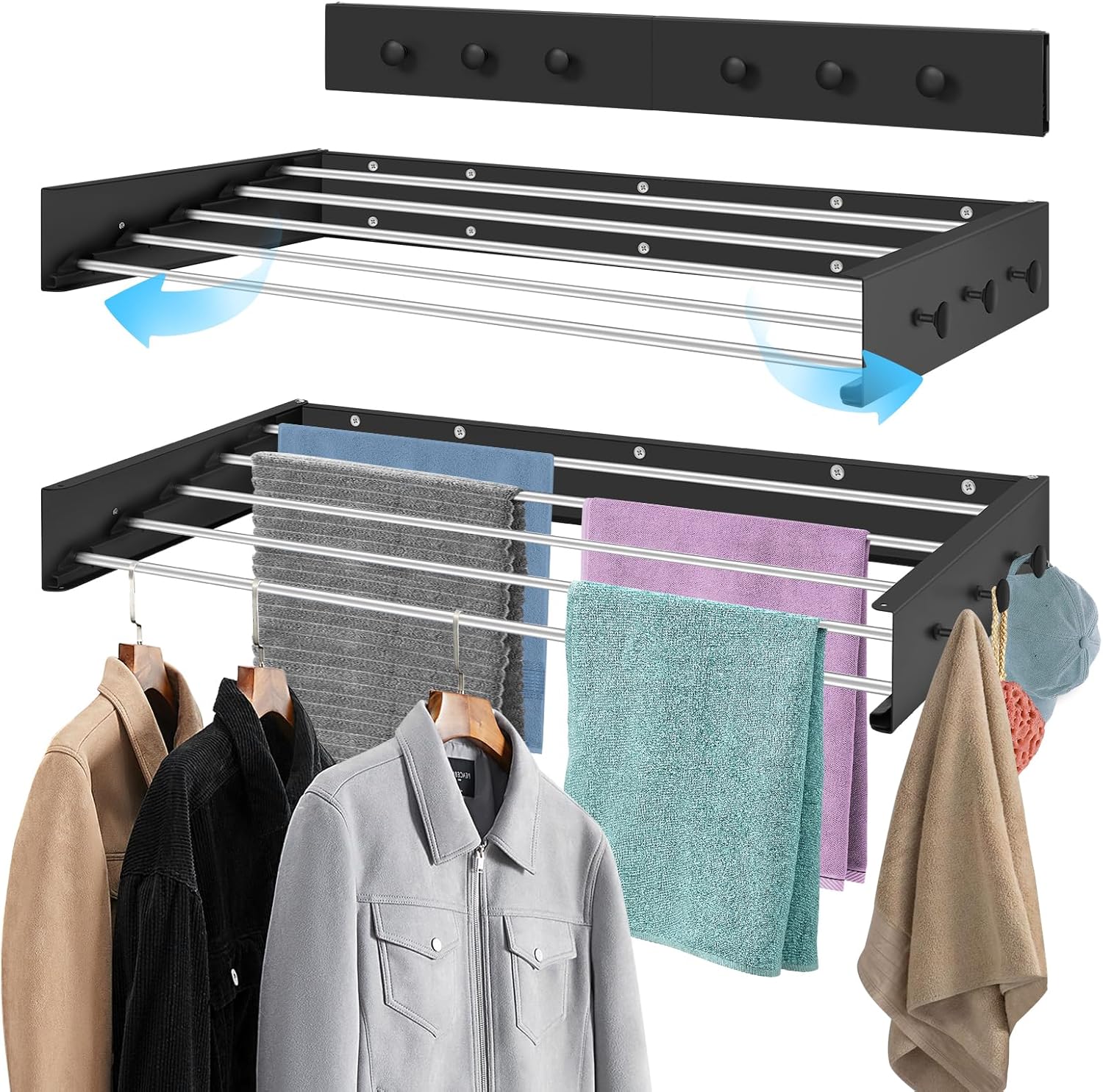 Suszarka ścienna rozsuwana o długości 100 cm z 6 wieszakami na ręczniki, do użytku wewnątrz i na zewnątrz, w kolorze czarnym