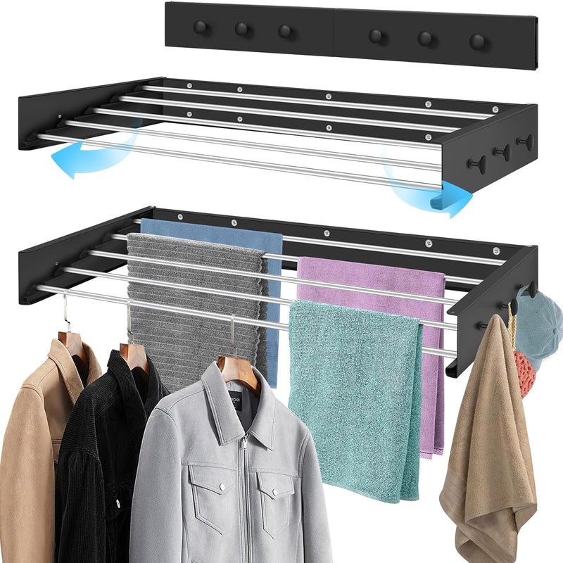 Suszarka ścienna rozsuwana o długości 100 cm z 6 wieszakami na ręczniki, do użytku wewnątrz i na zewnątrz, w kolorze czarnym