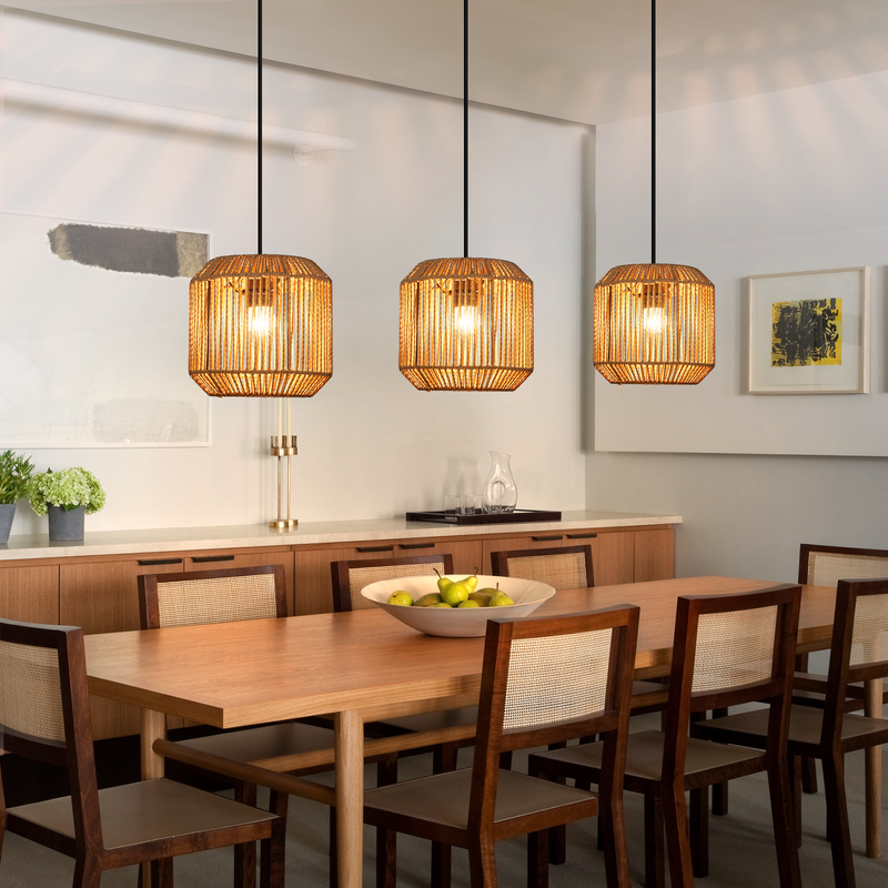 Nettlife Lampada Sospensione Boho Rattan - Lampadario 3 Luci E27, Regolabile, Stile Retrò, Tavolo Pranzo (Senza Lampadina) - 2