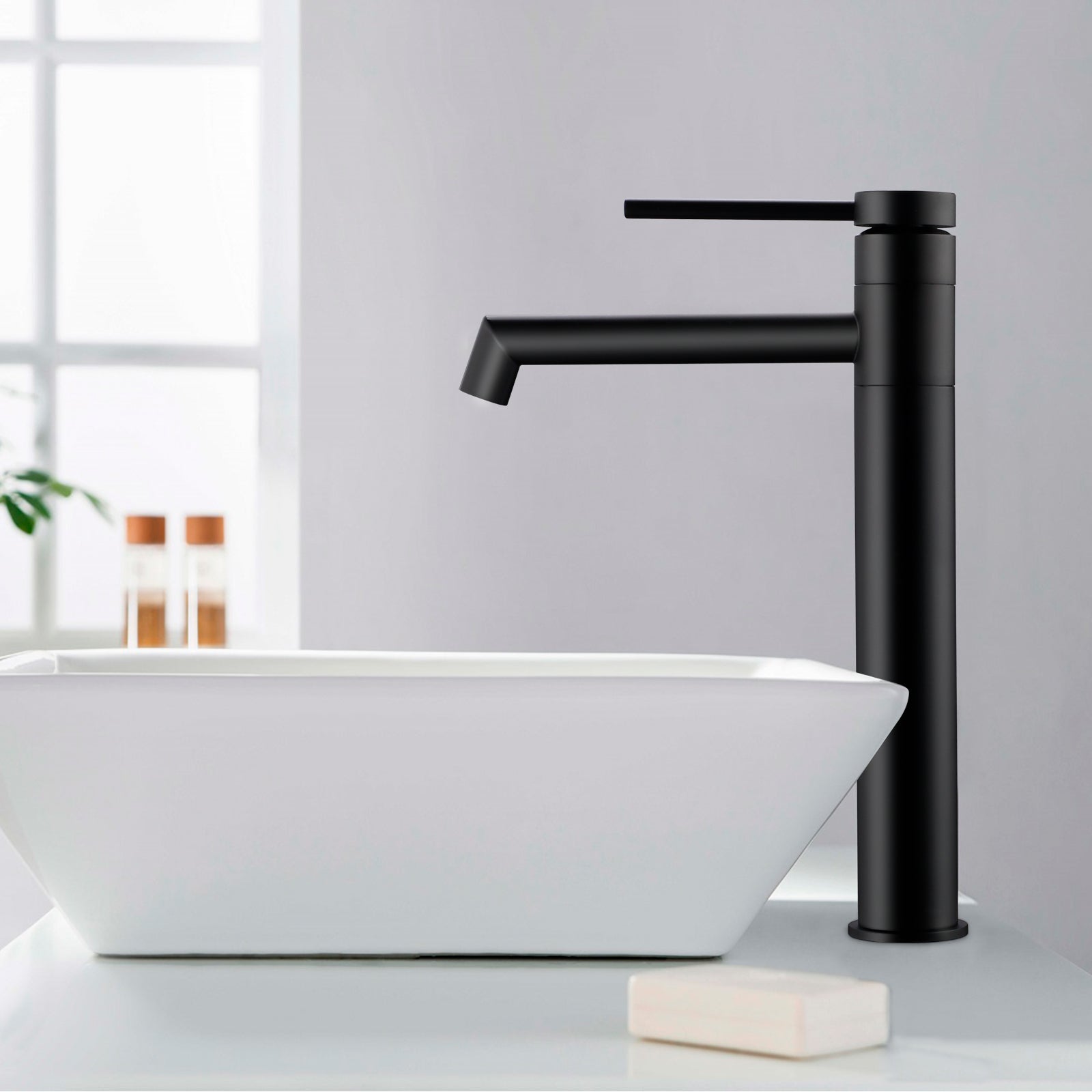 LOVHAUS Czarna Bateria Umywalkowa z Wysokim Wylewką, Bateria Umywalkowa Obrotowa o 360°, Bateria Łazienkowa z Wylewką o Długości 21 cm