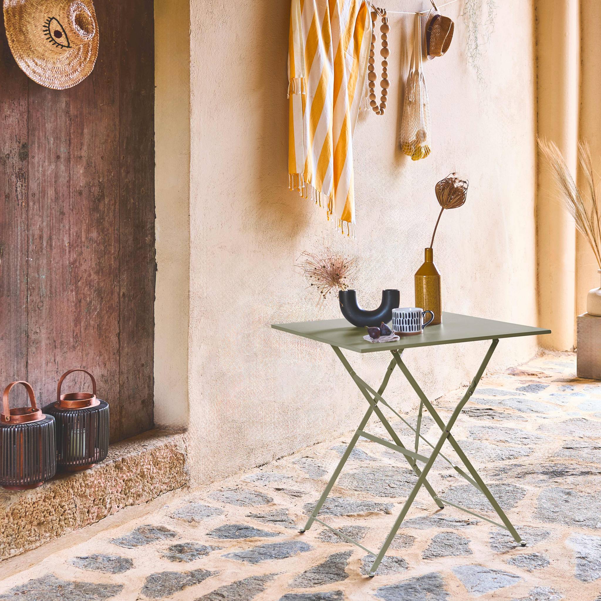 Table de jardin bistrot pliante métal + 2 assises vert de gris 70 x 70cm. acier thermolaqué EMILIA - 5