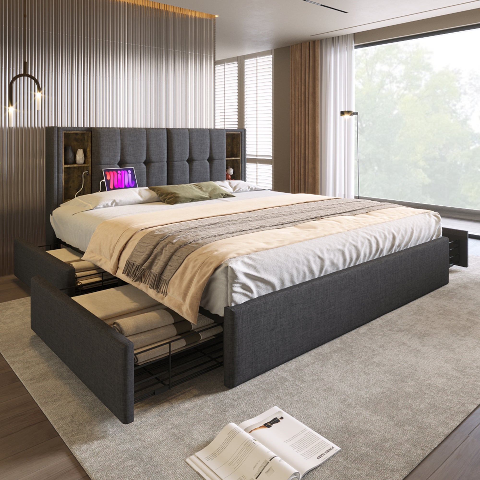 Cama Alta 140x200 Cama Doble Acolchada Con Luz LED Y 4 Cajones - Moderna Y  Práctica Cama 160x200, image size:2000x2000