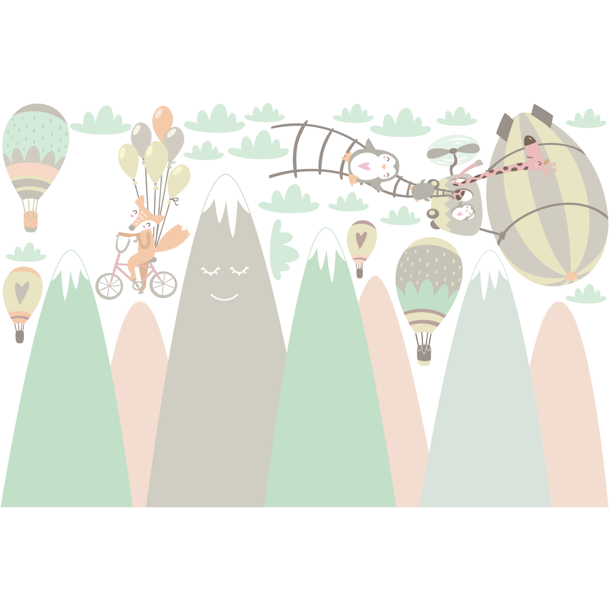 Vinilo niño escandinavo de montaña jugadores animales - adhesivo de pared - revestimiento sticker mural decorativo - 100x150cm - 2