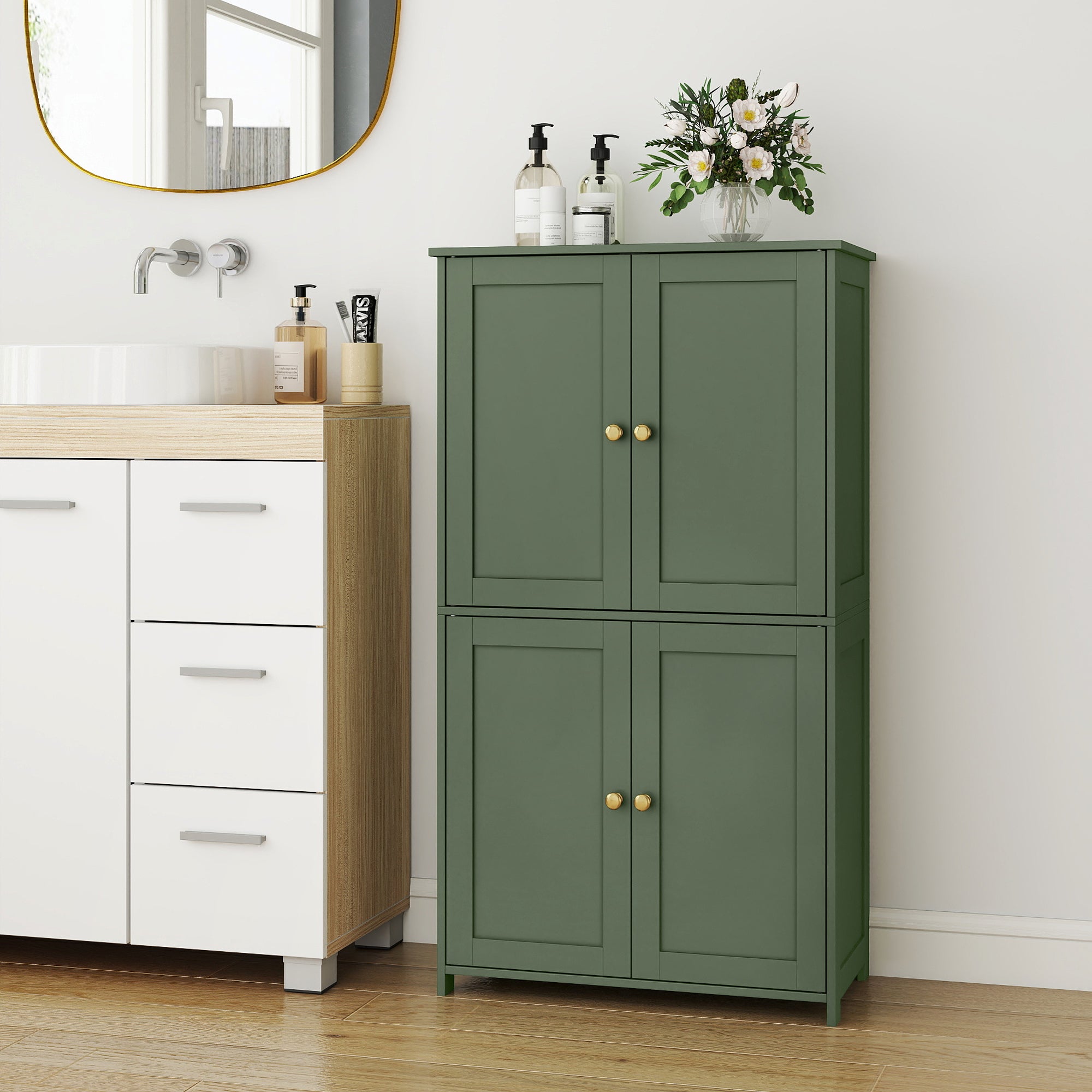 Armoire Haute de Rangement, Meuble de Cuisine avec 4 Portes, 2 Étagères Réglables, Style Shaker, Vert - 3