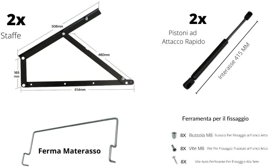 Modello Matrimoniale Kit Alza Rete Sollevamento per Letto Contenitore - Kit Completo: Trapezi, Pistoni, Ferma Materasso, Ferramenta - 2