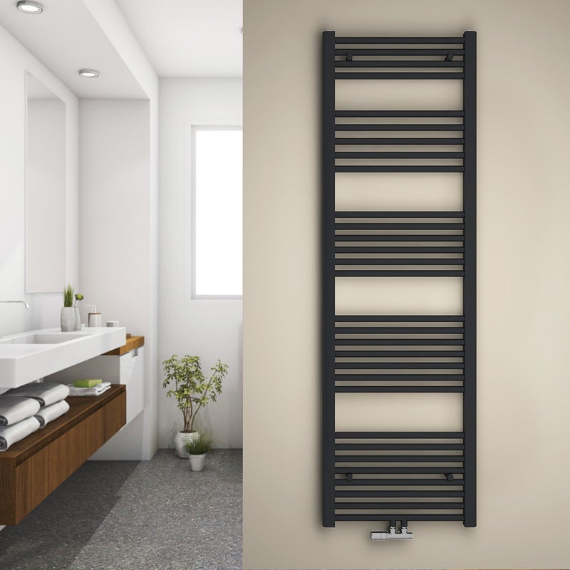 Grzejnik łazienkowy drabinkowy na ciepłą wodę - Stalowy z podłączeniem środkowym - Kolor antracytowy - Wymiary 160 x 50 cm - Moc 654 W