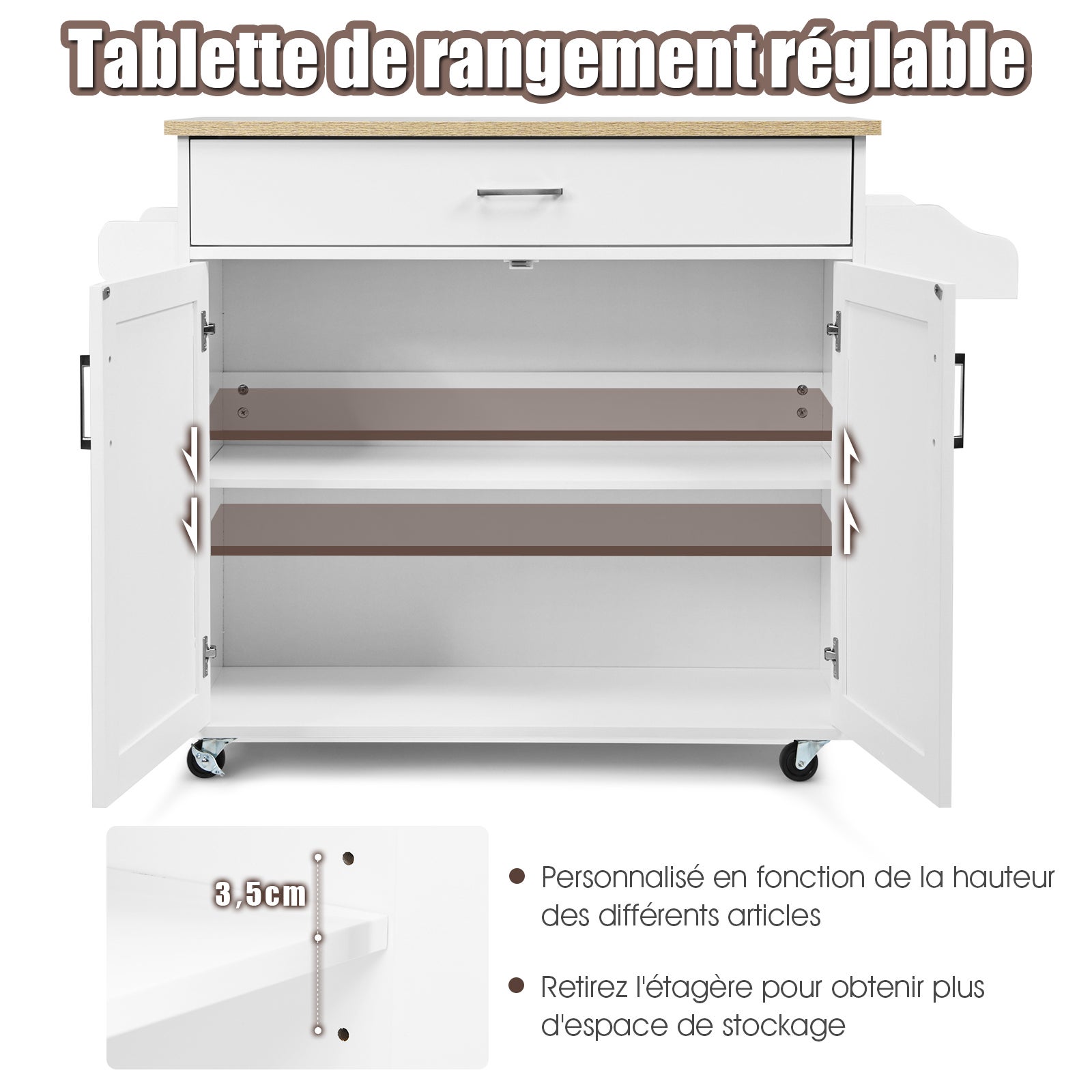 Wózek kuchenny z wieszakiem na ręczniki i półką na przyprawy, wyspa kuchenna z szufladą i półką z regulacją wysokości, szafka kuchenna na kółkach - 5
