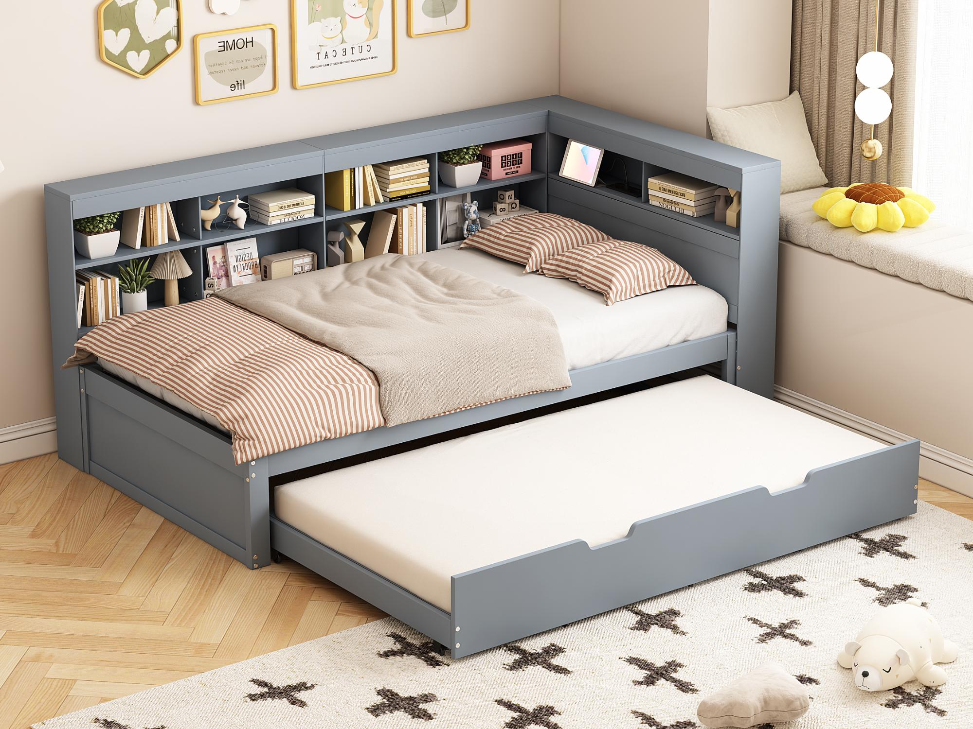 Drewniane łóżko pojedyncze 90x200cm - z łóżkiem wysuwanym 90x190cm i wtyczką USB - 10 komór - Szary