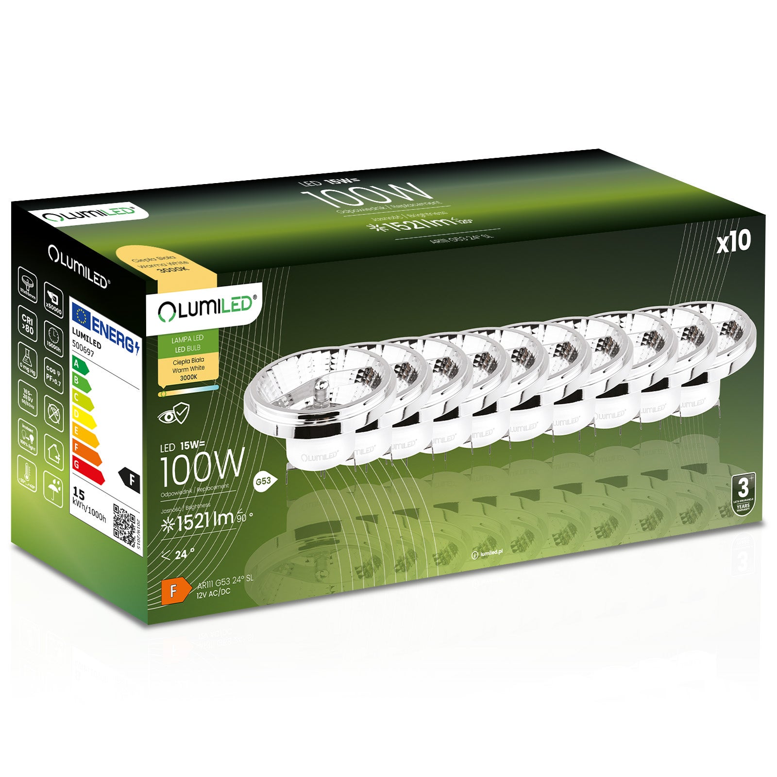 Żarówka LED Lumiled G53 Reflektor AR111 15W 1521lm 3000K Ciepła biel 24st 12V Srebrna 10 szt.