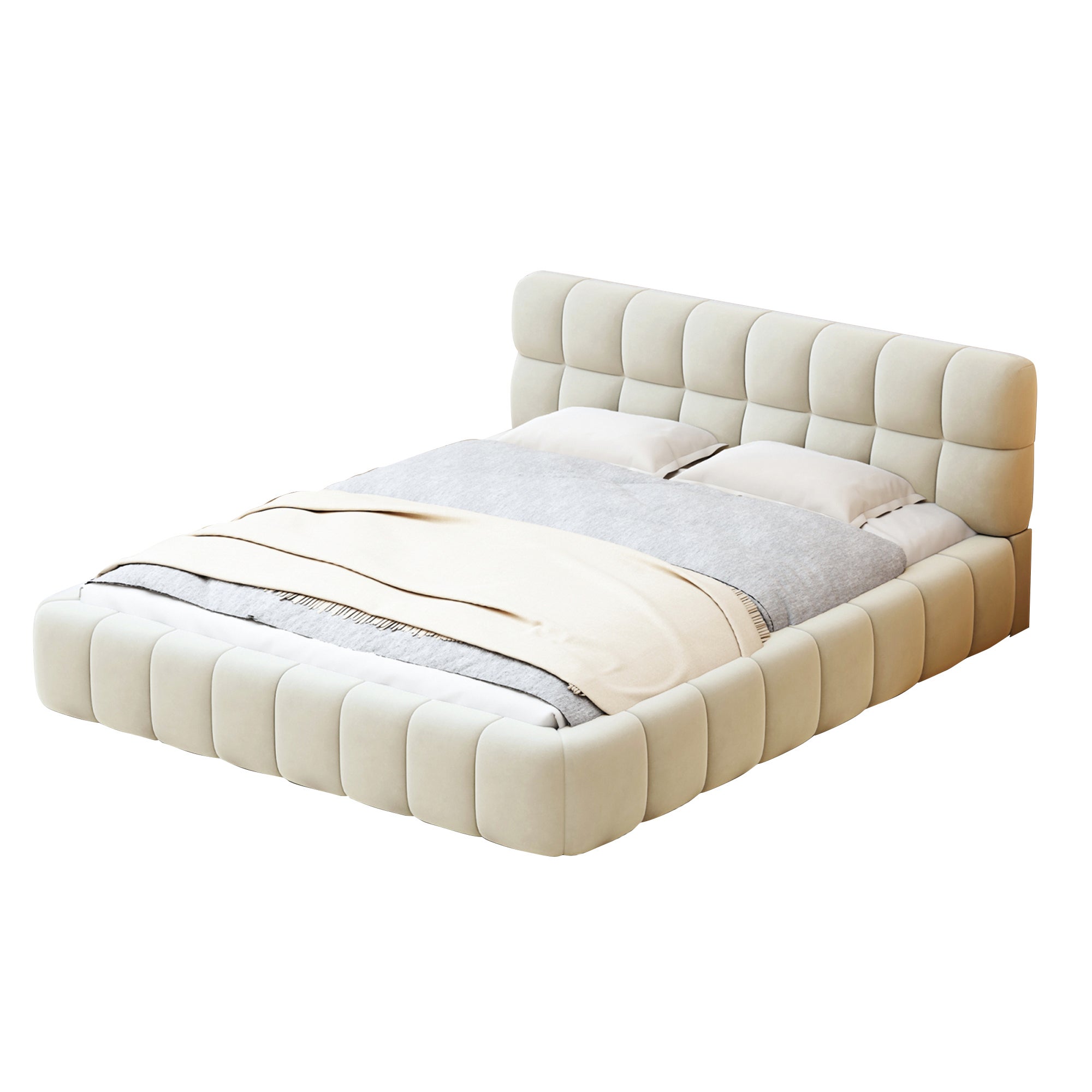 Lit double 160x200 cm - avec tête de lit capitonnée, sommier à lattes et bords rembourrés, lin, style classique - beige - 4
