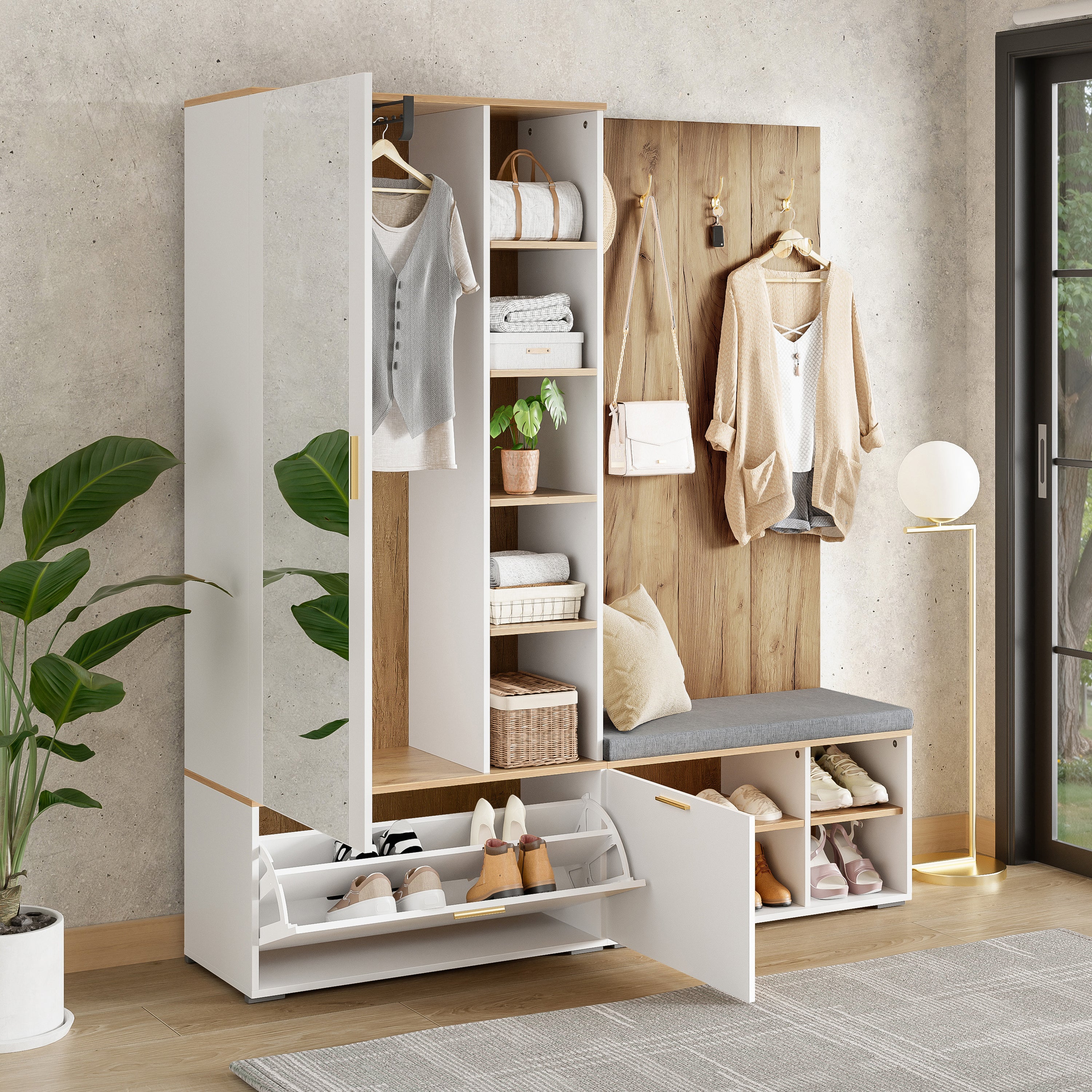 Ensemble meuble à chaussures avec banc, miroir, 4 crochets, porte-manteau et 3 portes - 160 x 38 x 180 cm - Panneau de particules - Naturel + blanc - 5