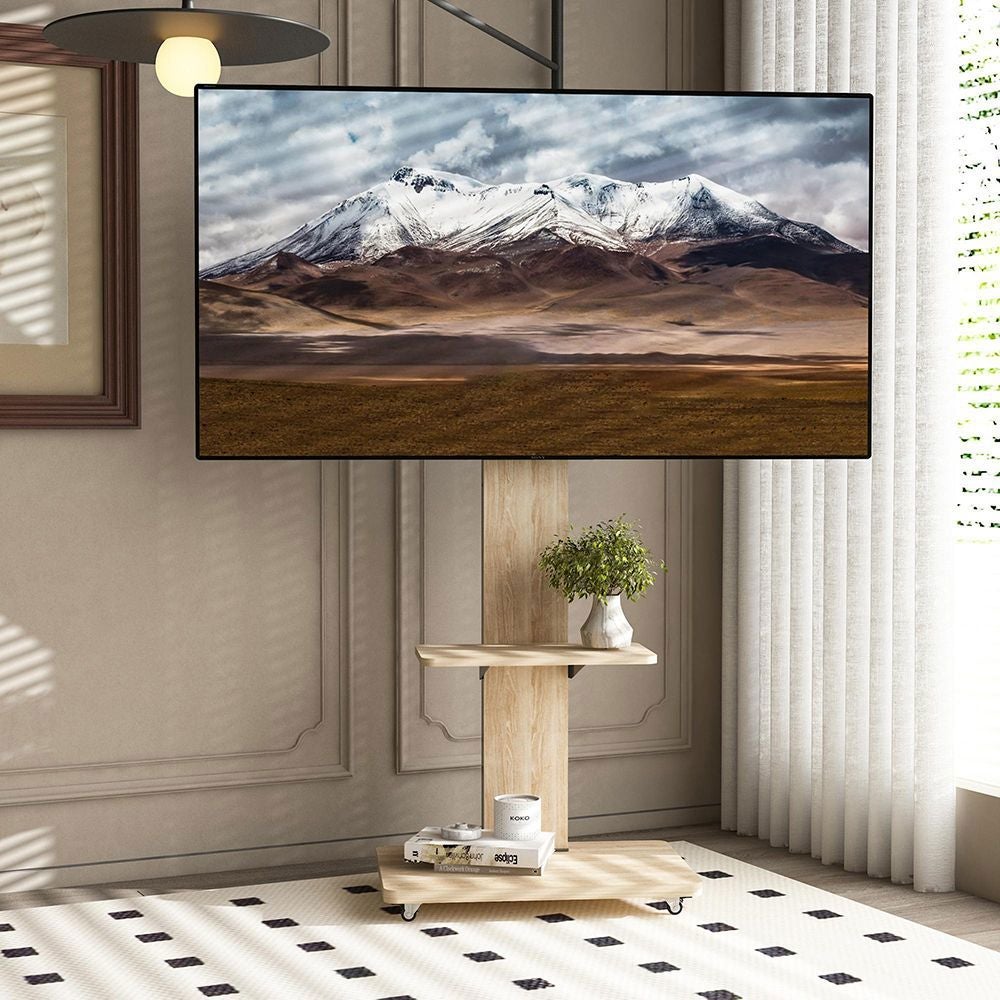Meuble TV mobile réglable avec rangement,60x40cm,naturel,pour TV 32-75 pouces roulettes verrouillables - 6