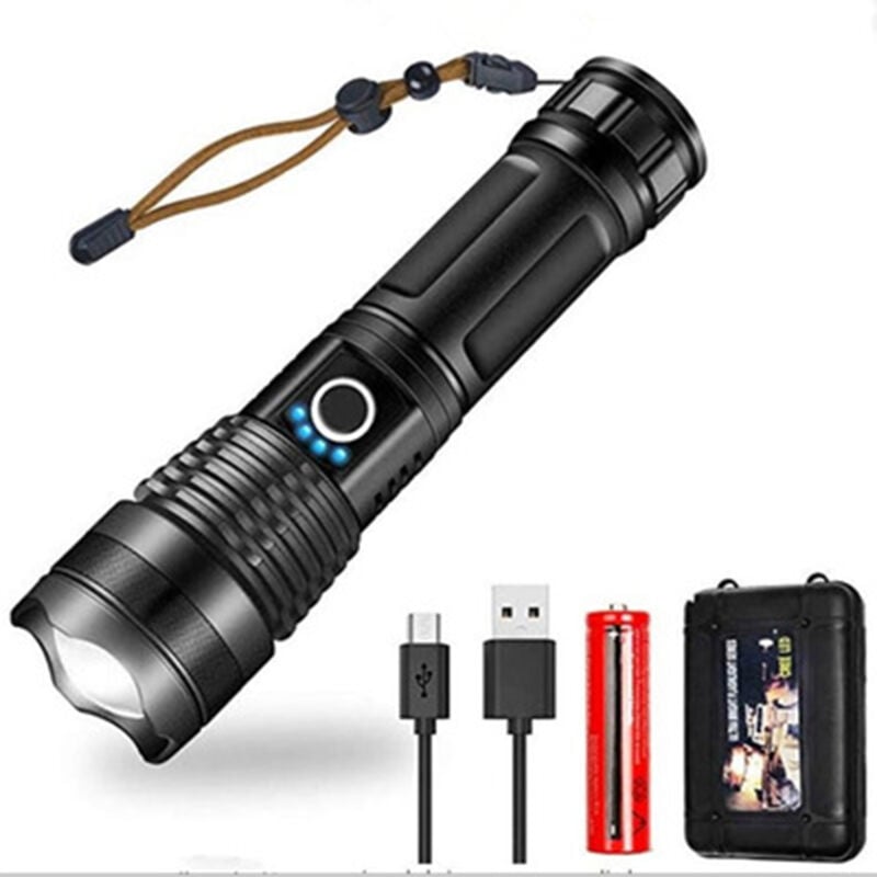 Latarka LED 10 000 lumenów – Akumulator 26650 USB do ładowania 5000mAh – Zoom, 5 trybów – Kemping, polowanie, nagłe wypadki