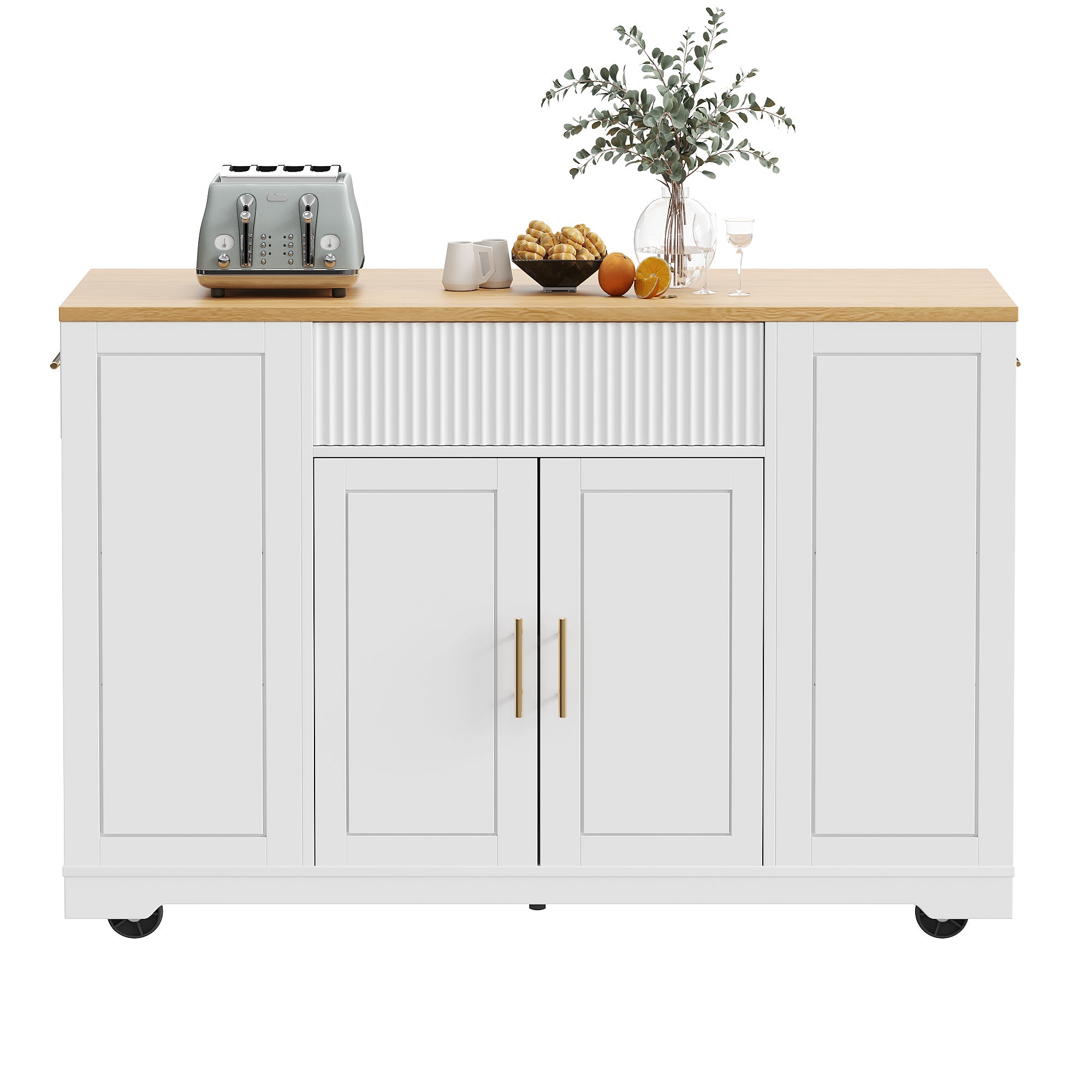 Ilot central de cuisine mobile - 3 portes et 2 tiroirs - étagères ouvertes - avec compartiment poubelle - MDF - Blanc - 4