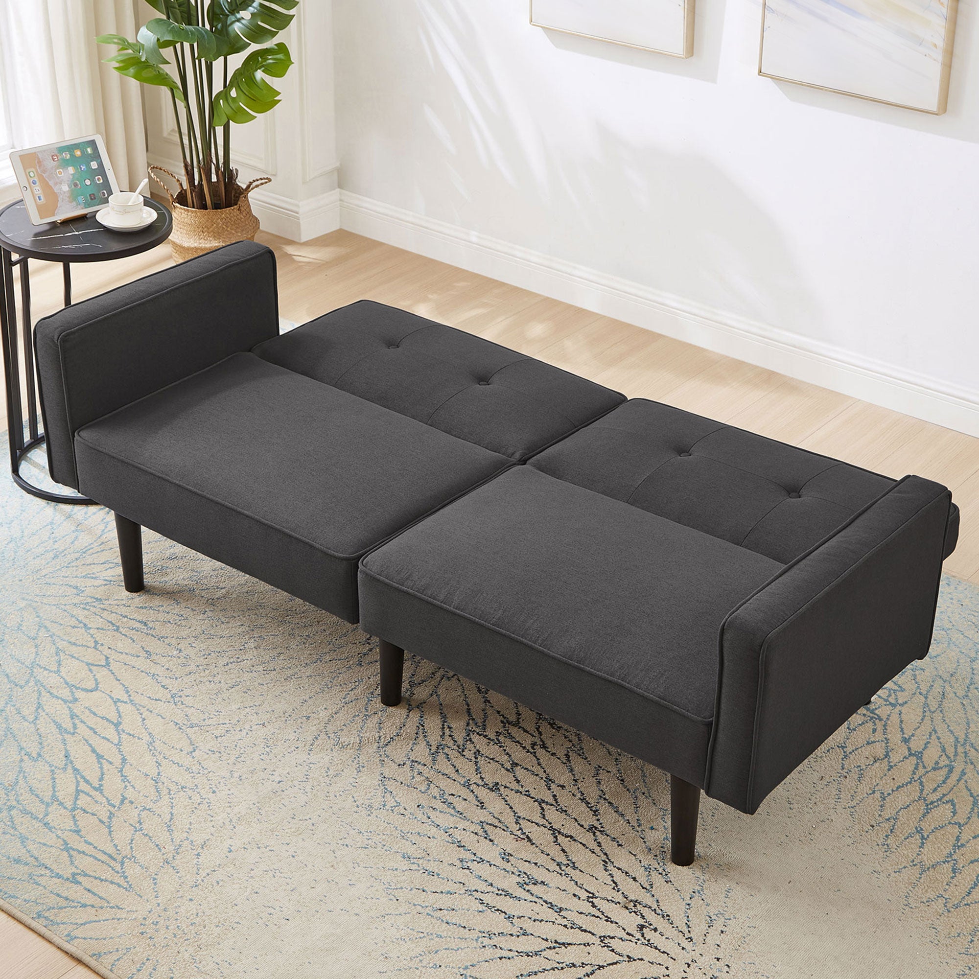 Sofá 2 en 1 (176x76x74 cm) - Chaise longue - Doble respaldo ajustable - Función cama - Tejido algodón-lino - Espuma alta densidad - Negro - 4