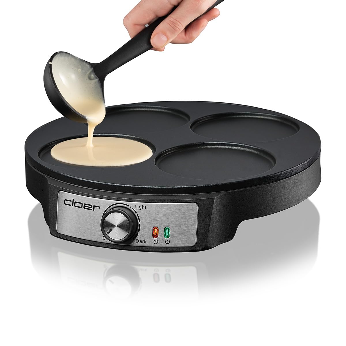 Cloer 6625 Pancake Maker, Mini pancakes, per 4 piccoli pancakes da 11 cm Ø ciascuno, 1200 W, rivestimento antiaderente, tornitore incluso, nero - 3
