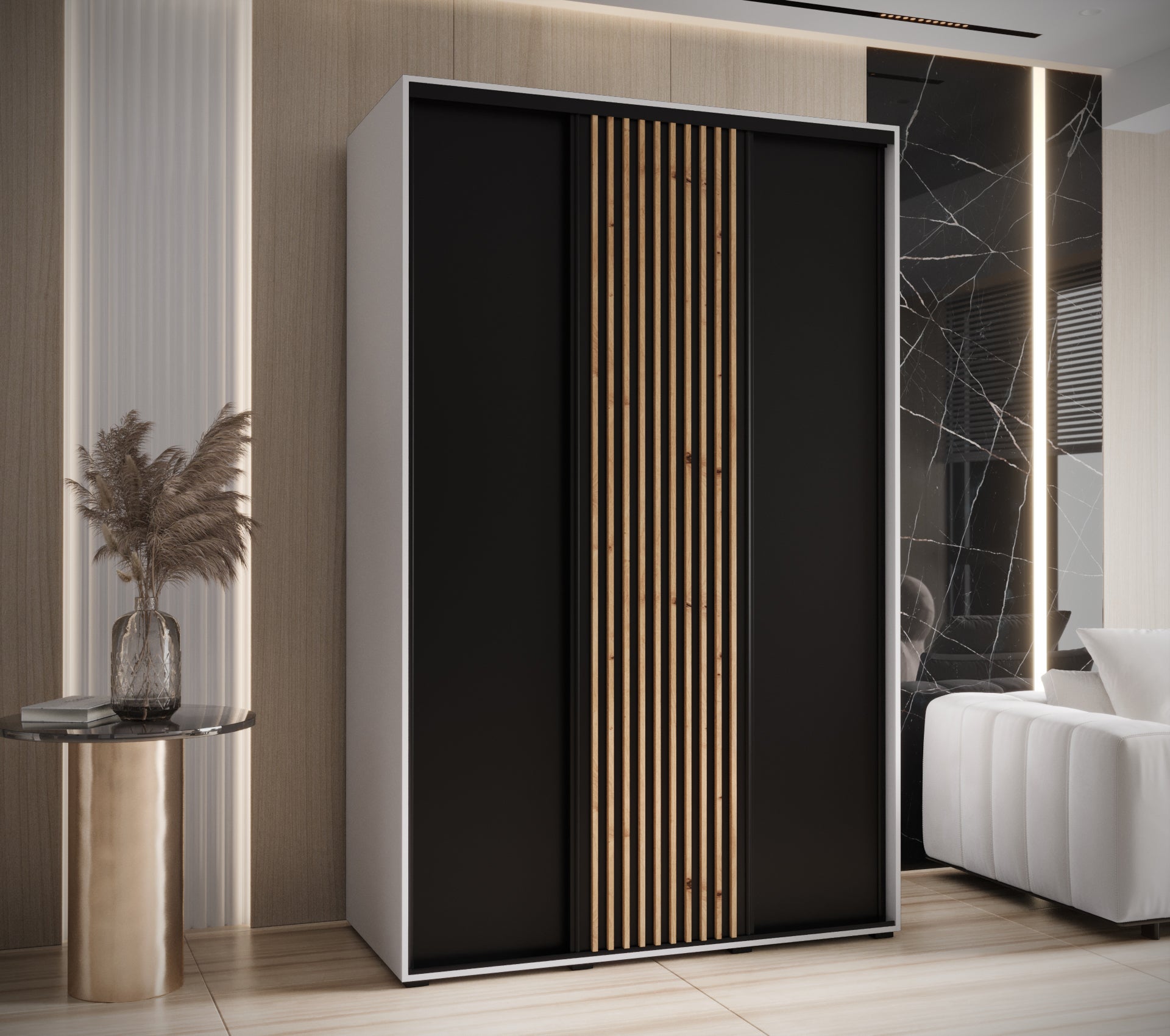 Szafa przesuwna wysoka Lanko 1 150 x 60 x 235,2 cm biały + czarny + lamele artisan - Abiks Meble - 2