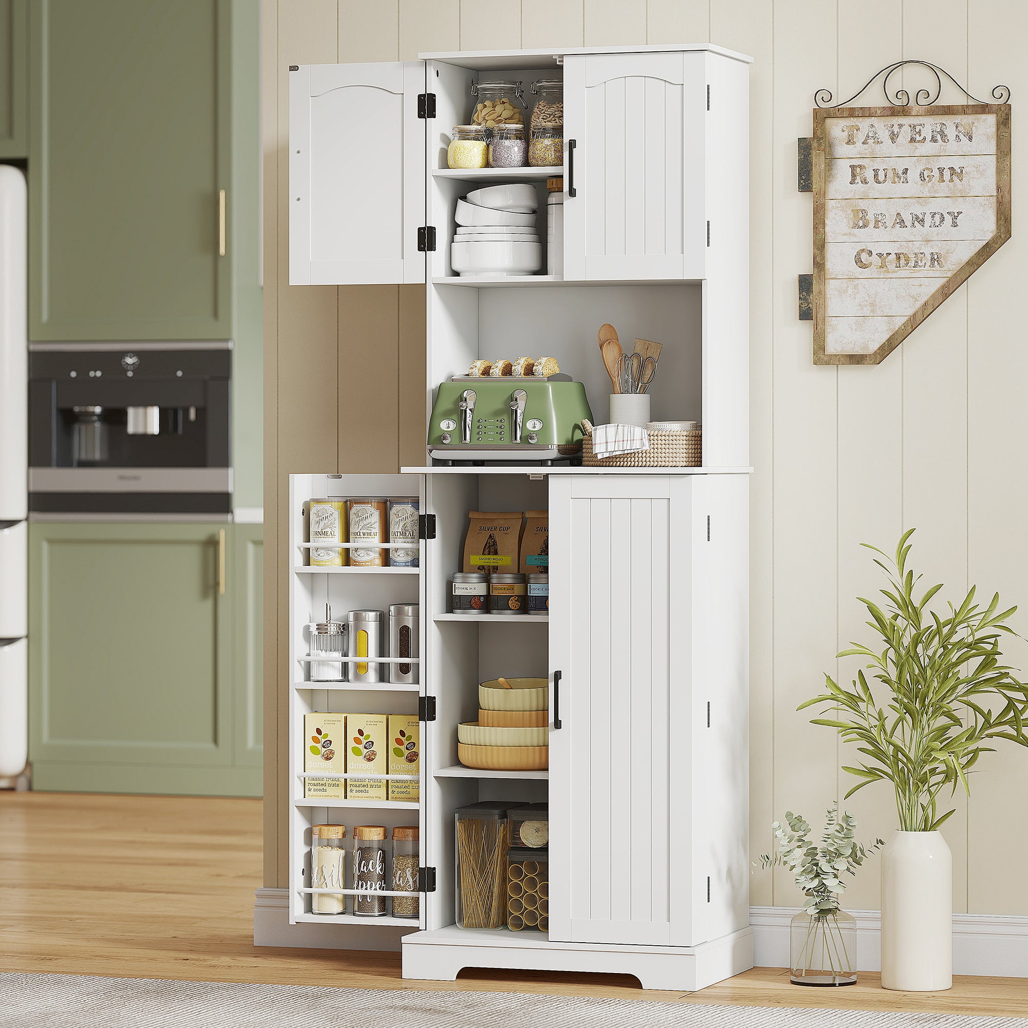 Meuble de cuisine de 181,5cm de haut,avec 8 étagères à épices sur la porte,4 portes,étagères réglables,support pour micro-ondes,blanc. - 3