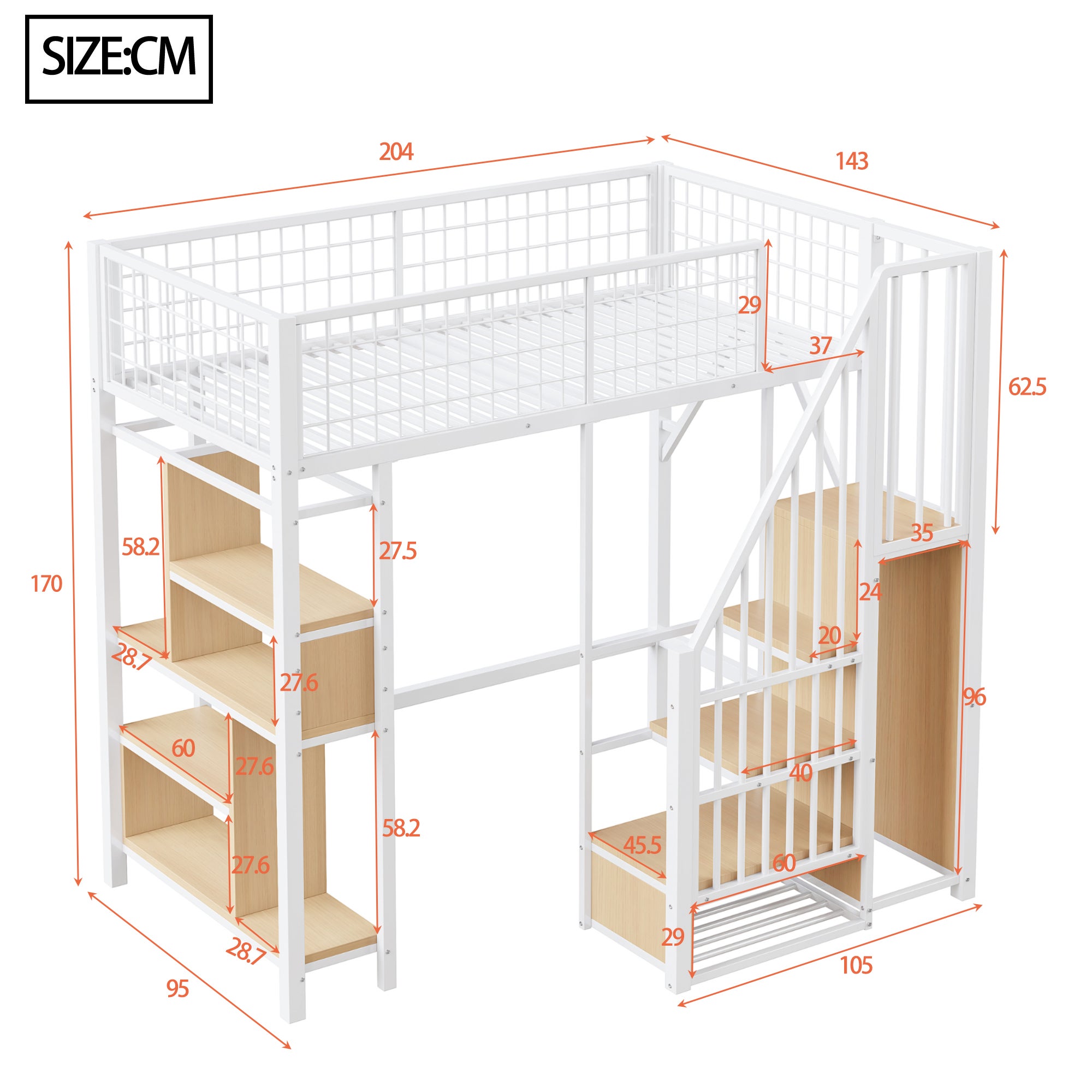 Lit mezzanine multifonction 90 x 200 cm, lit en métal avec rangements, étagères et escalier, lit adulte et lit enfant, blanc - 6