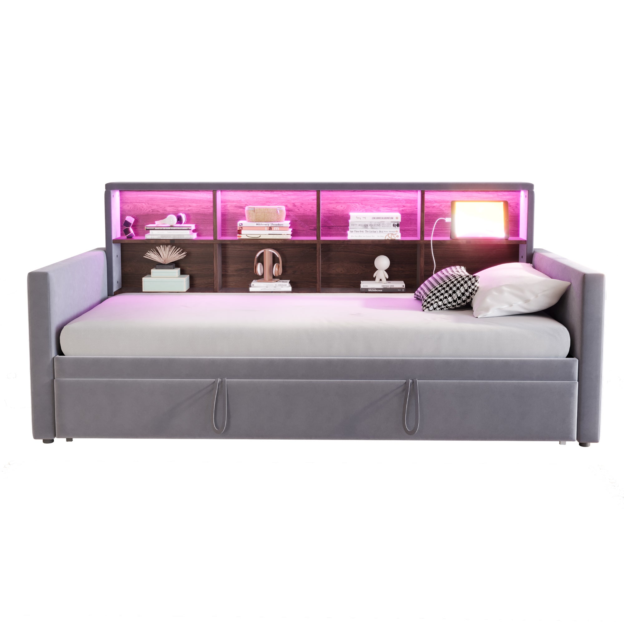 Rozkładana sofa z poduszkami 90x190cm - z oświetleniem LED - z gniazdem ładowania - z wysuwane łóżko - tkanina welurowa - Ciemnoszary - 7